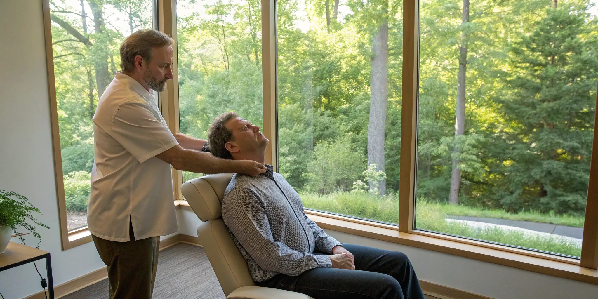 Chiropractor performing a gentle neck adjustment for vertigo relief.