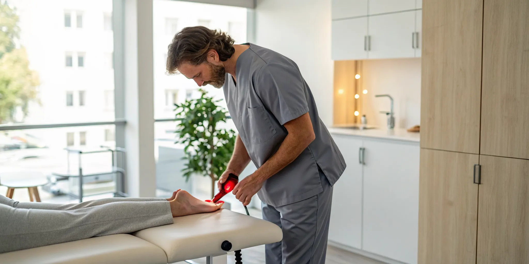 Chiropractor using laser therapy on a patient's foot for neuropathy.