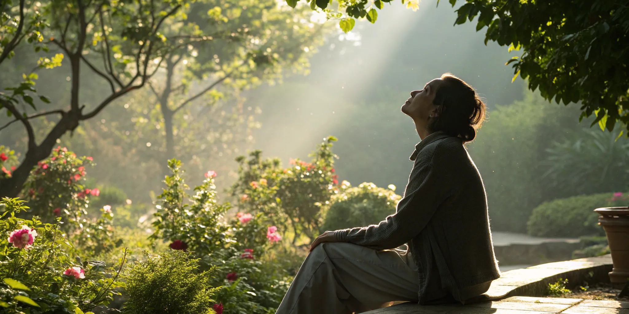 A woman in a sunlit garden feeling relief from vertigo and dizziness after chiropractic treatment.