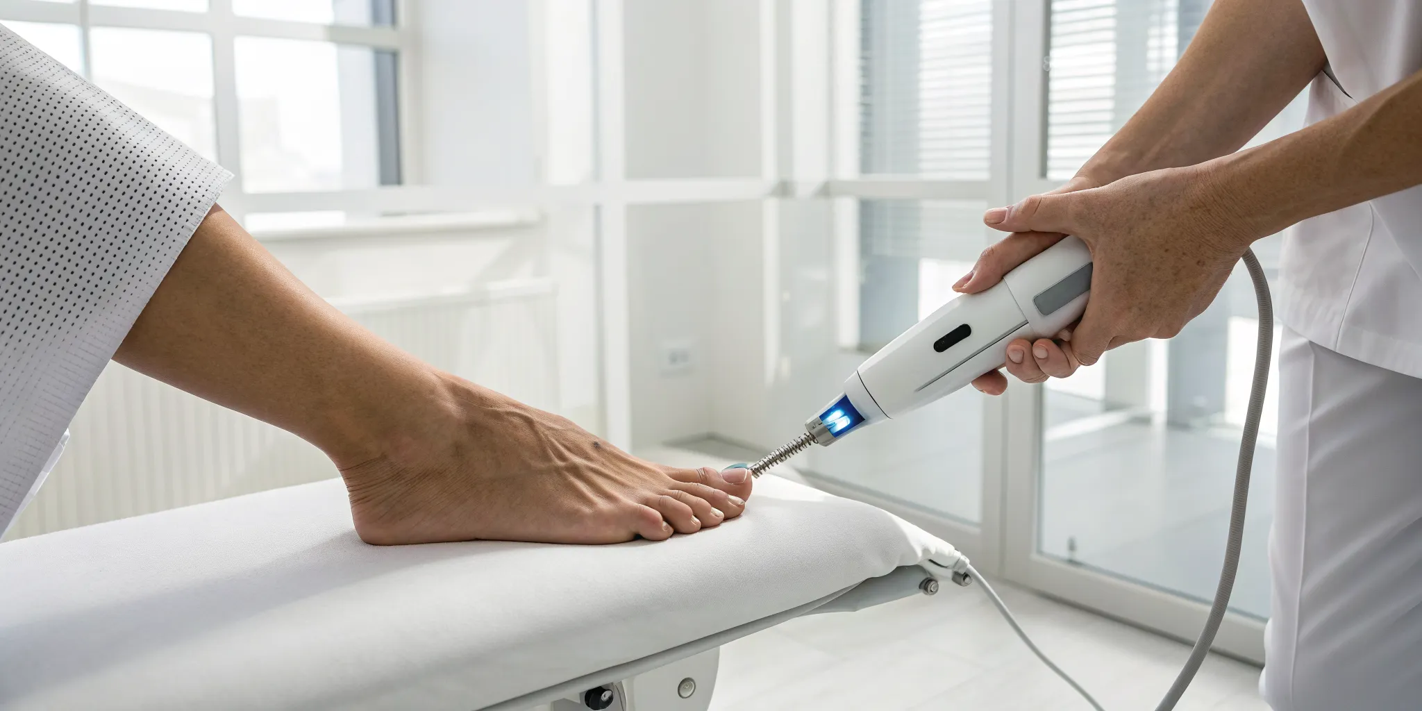 A doctor uses a laser device for neuropathy treatment on a patient's feet.