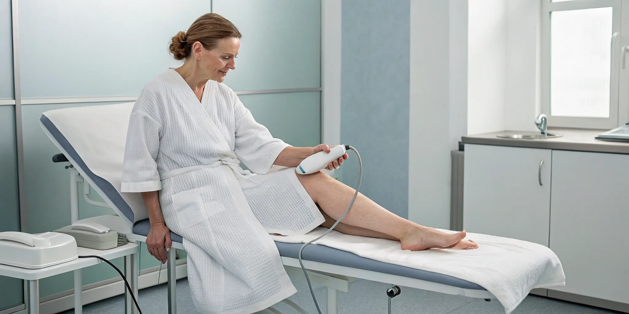 Patient receiving SoftWave therapy to show how it works for knee pain.
