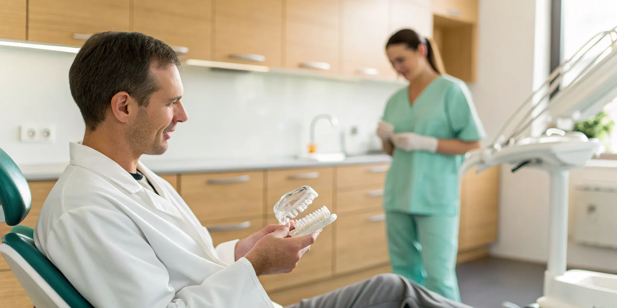 A TMJ specialist in Ann Arbor uses a jaw model to explain treatment to a patient.