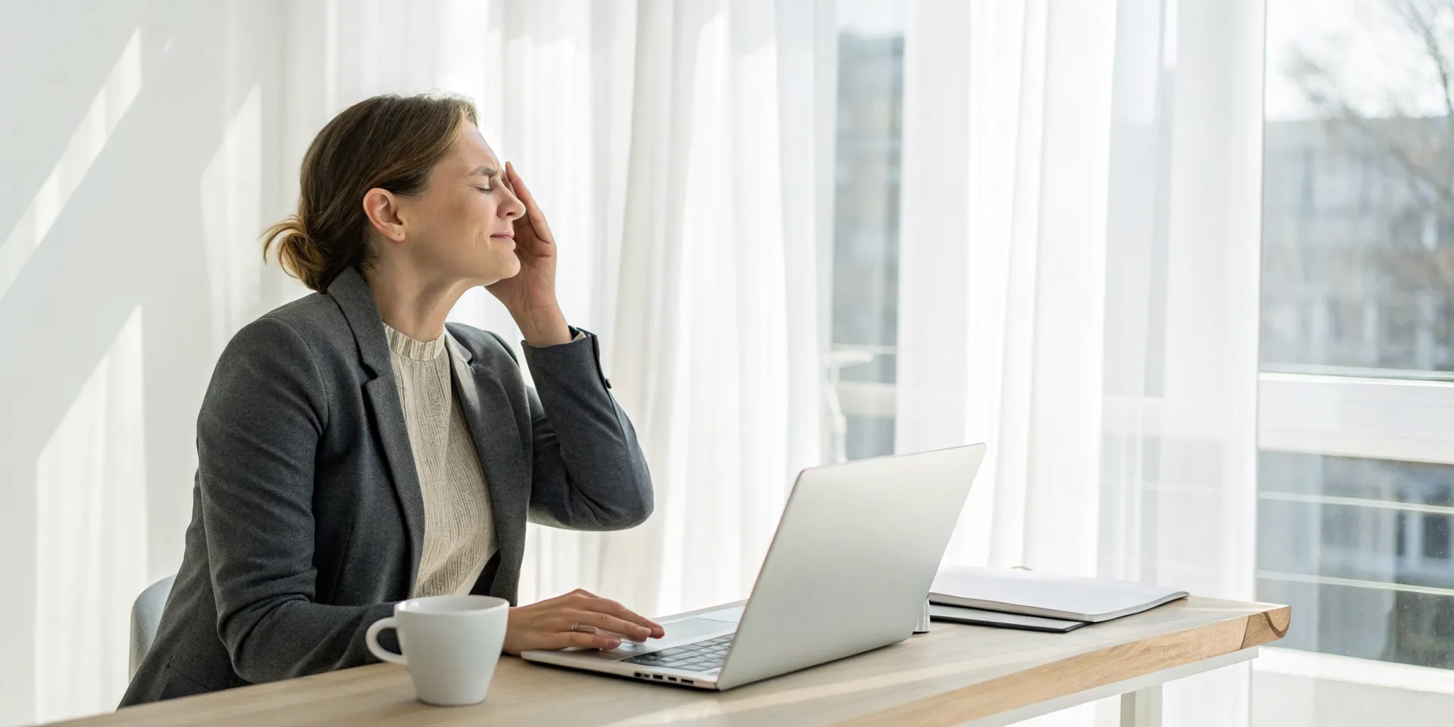 Woman at a desk with a chronic tension headache seeking natural relief.