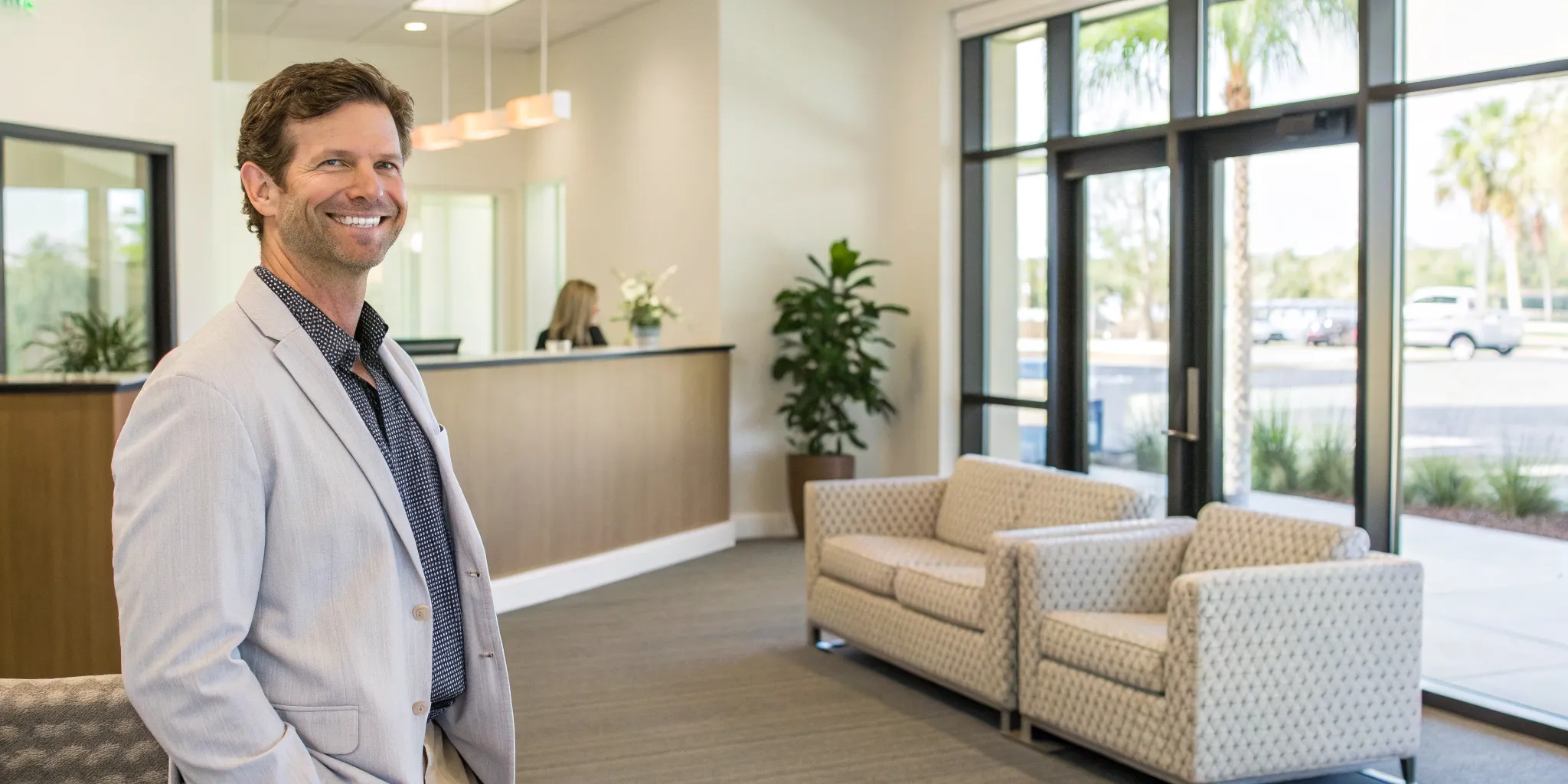 A man smiling in a modern office after finding the right chiropractor for vertigo.