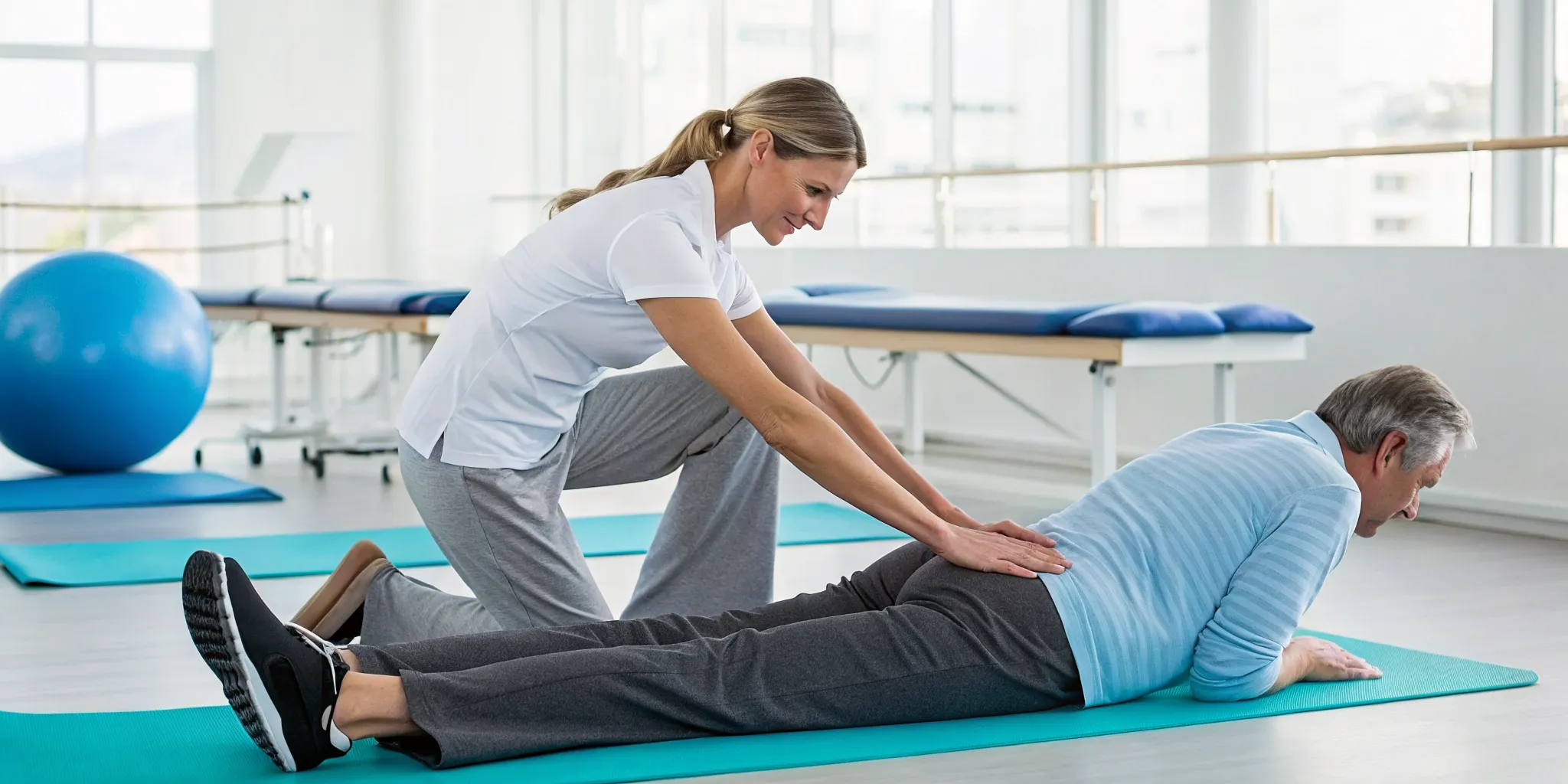 Man learning how to get a slipped disc back in place with a physical therapist's help.