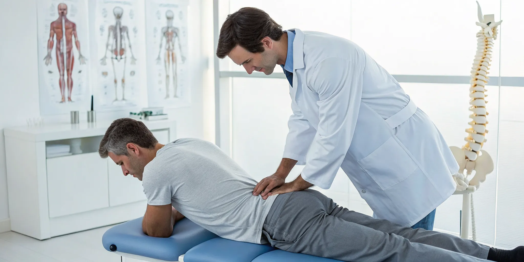 Chiropractor providing non-surgical treatment to heal a bulging disc in the lower back.