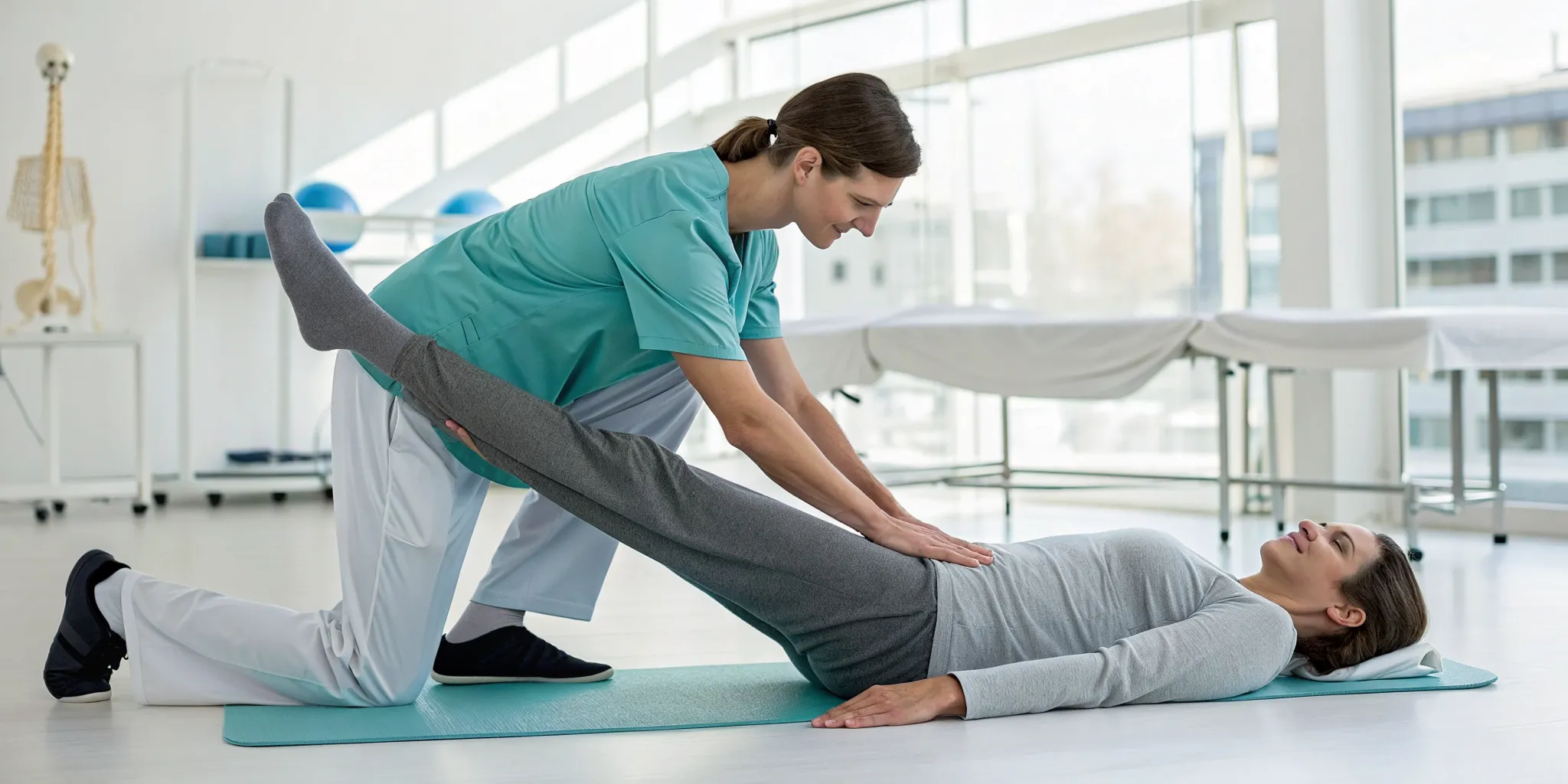 Woman doing a physical therapy stretch to quickly heal a herniated disc.
