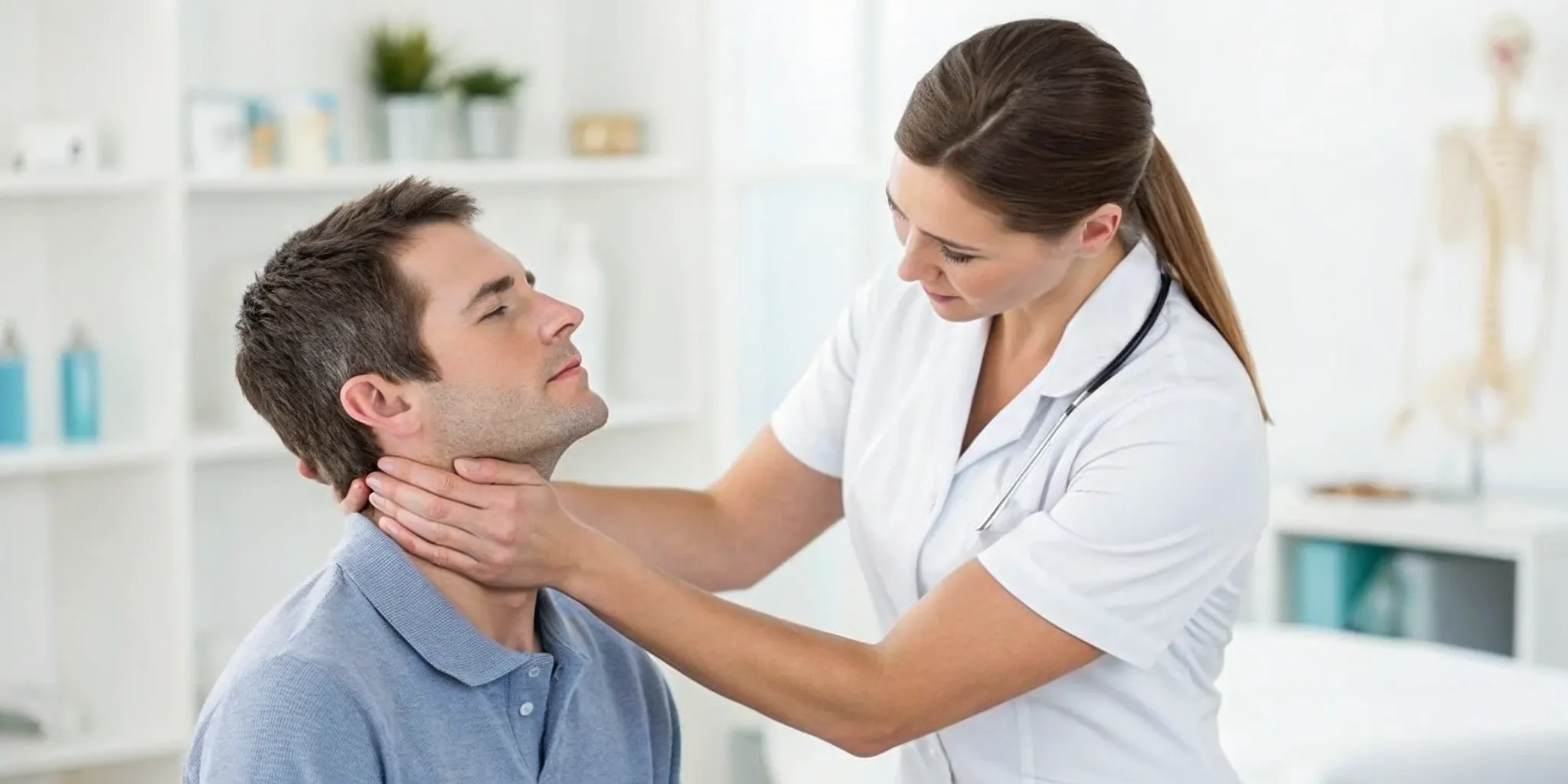 Upper cervical chiropractor examining a patient's neck to help treat whiplash.