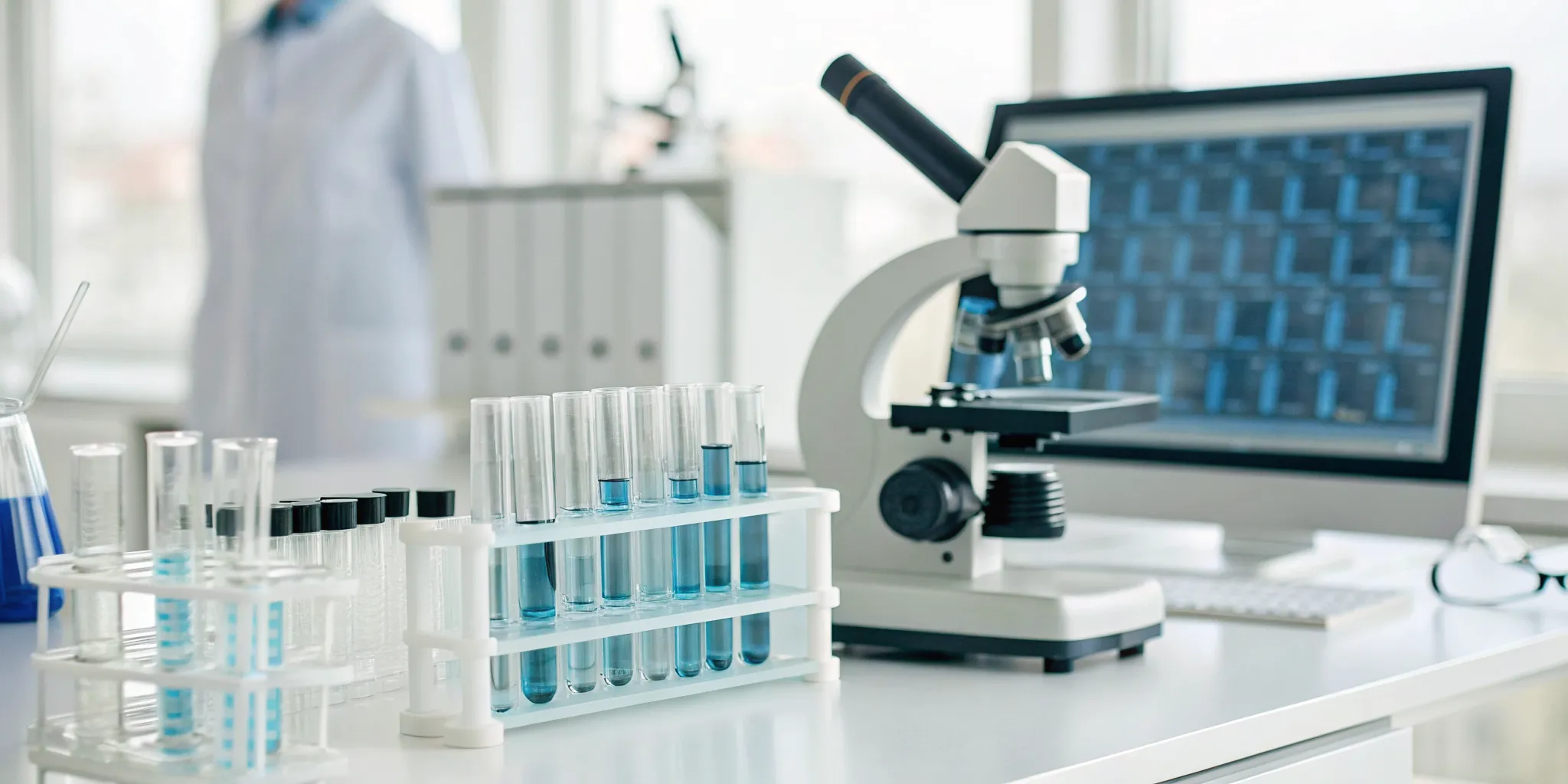 A blood test for fibromyalgia diagnosis being examined in a laboratory.