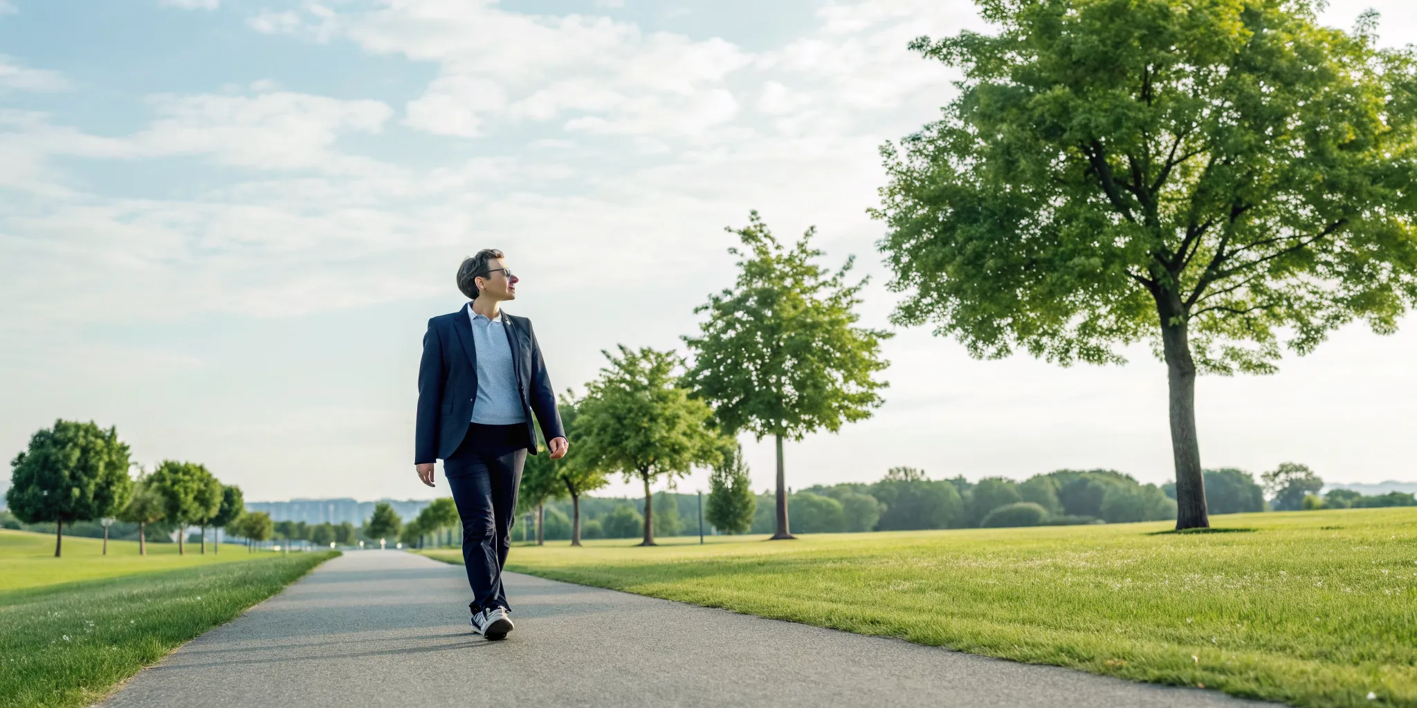 Man walking on a park path, a good exercise for a herniated disc.