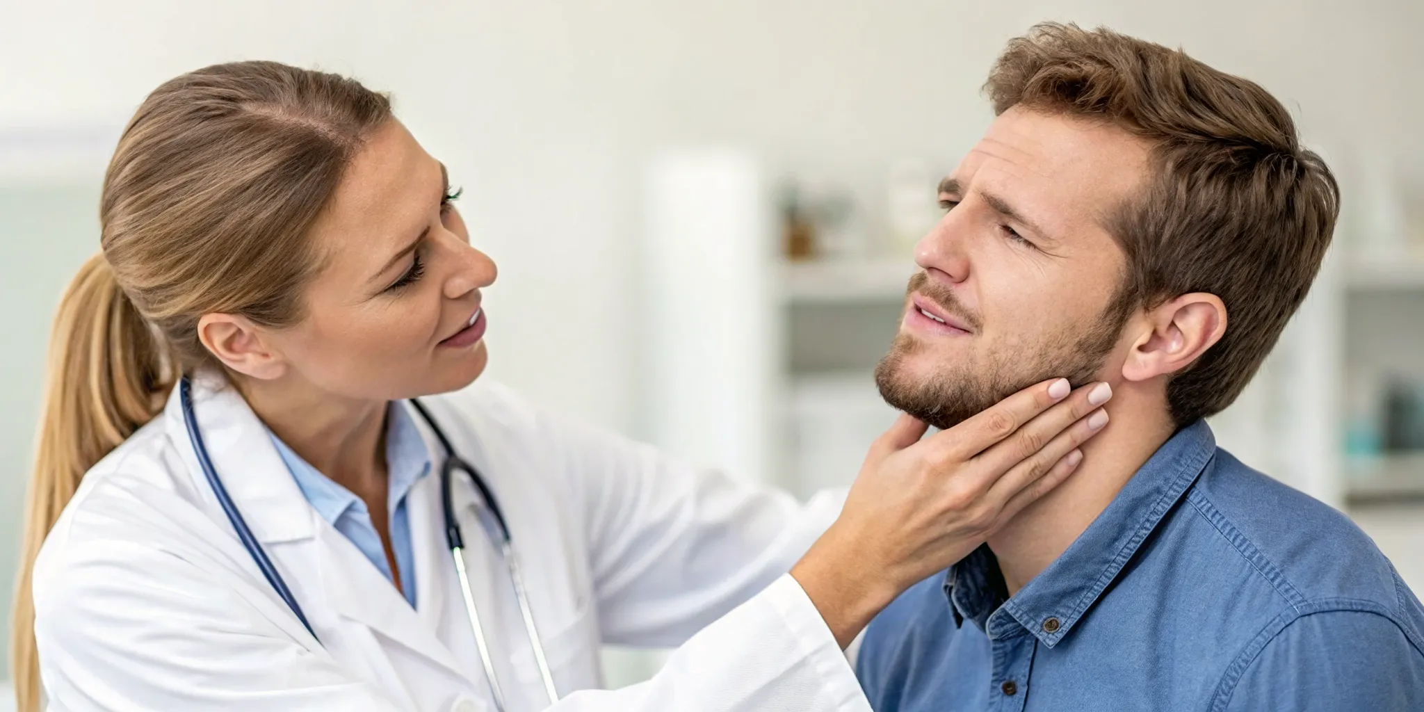 Chiropractor examining a patient for jaw pain after a chiropractic adjustment.