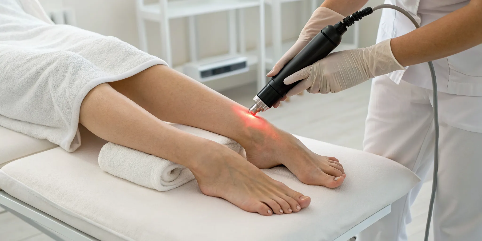 MLS laser therapy treating neuropathy pain in a patient's lower leg.