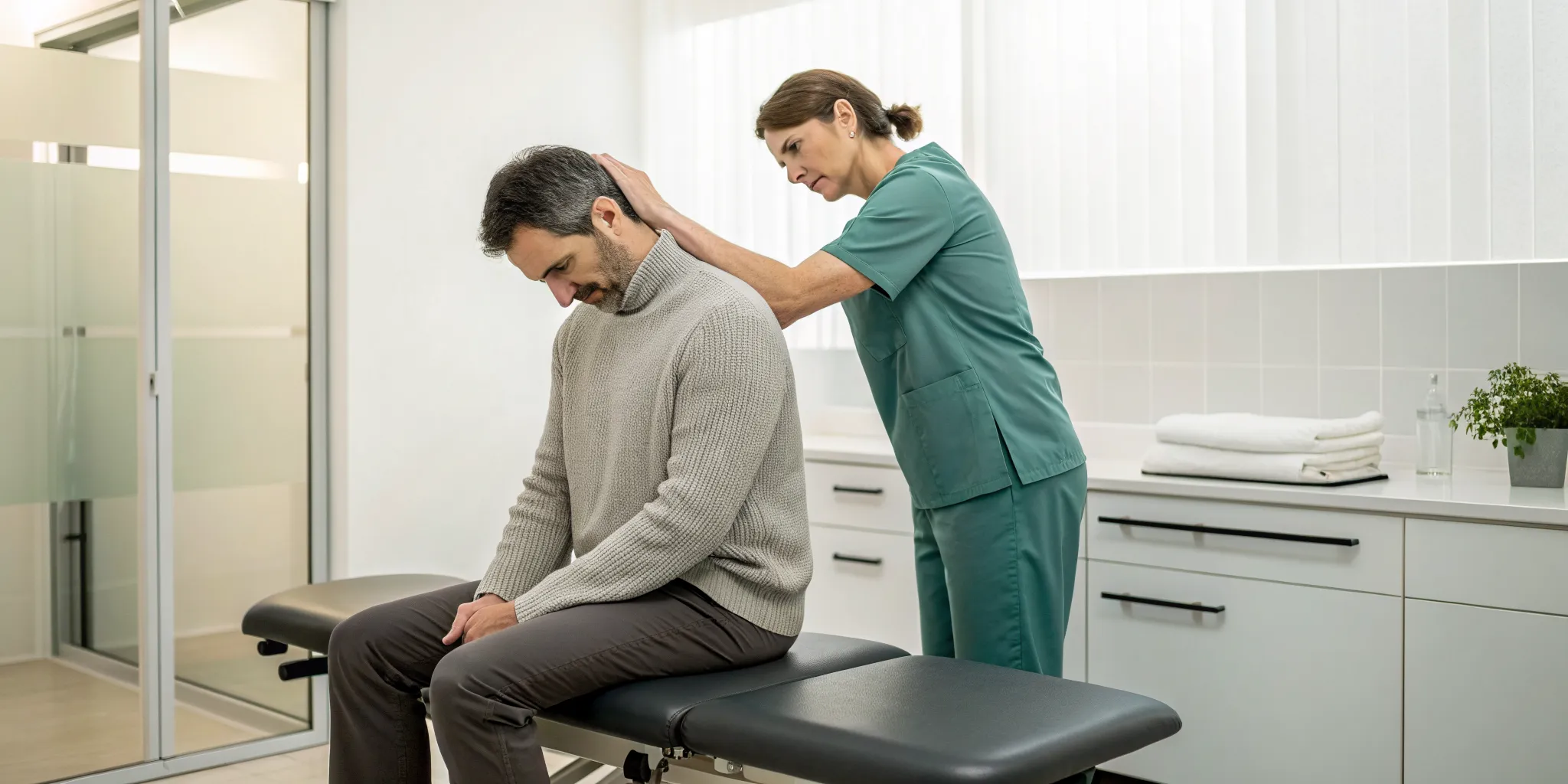 A patient receives a chiropractic neck adjustment, a cause of temporary nausea and dizziness.
