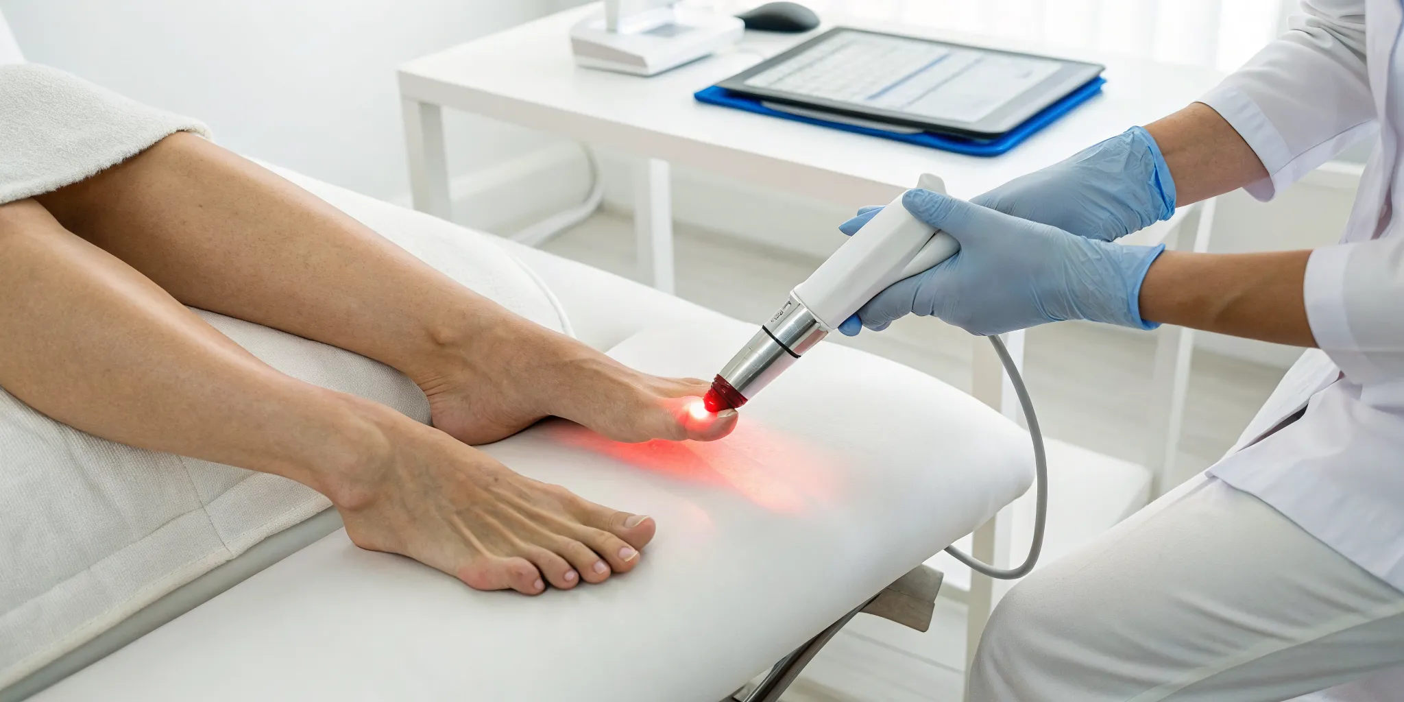 Laser treatment for neuropathy being applied to a patient's foot, a factor in the overall cost.