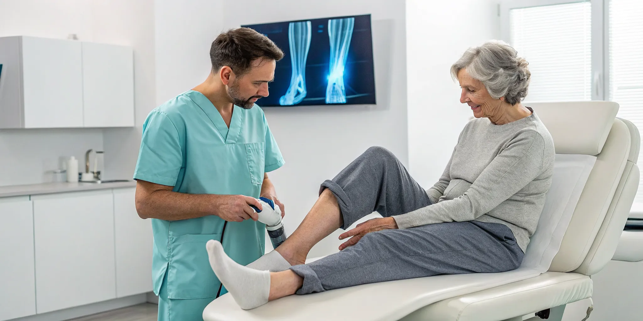 A Dexter specialist providing non-surgical neuropathy treatment on a patient's leg.