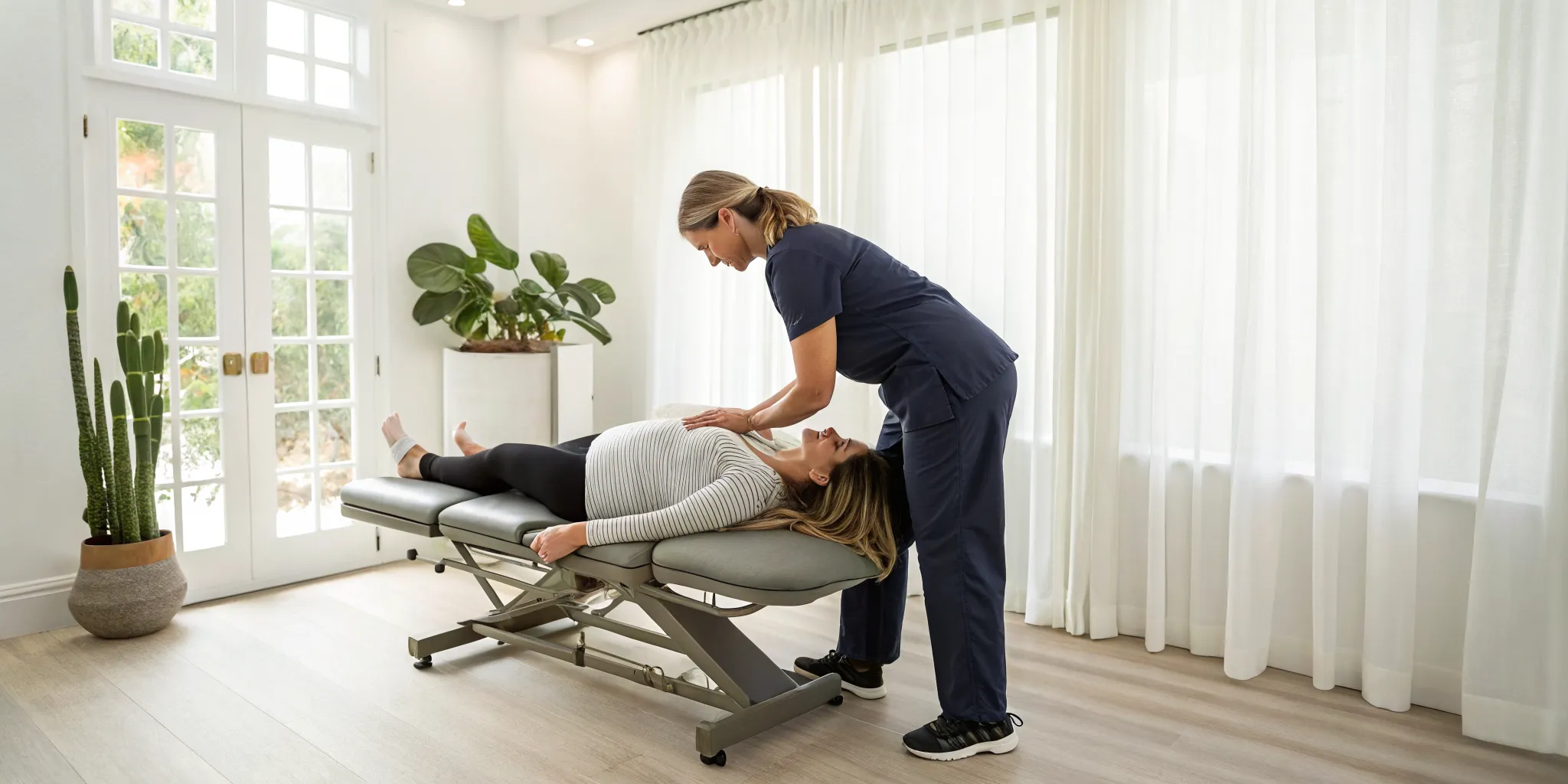 A prenatal chiropractor provides a gentle adjustment to a pregnant woman.