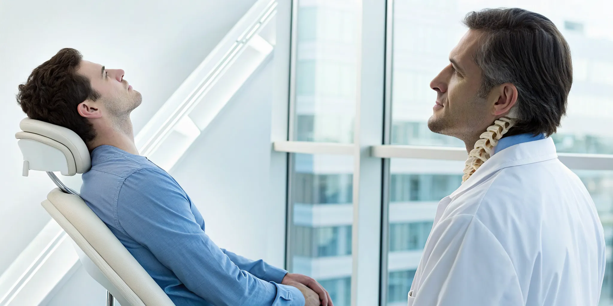 A chiropractor and patient comparing QSM3 vs NUCCA upper cervical care options.