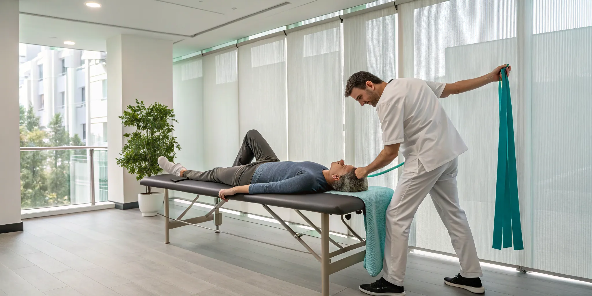 A chiropractor or physiotherapist treats a patient for sciatica using a resistance band.