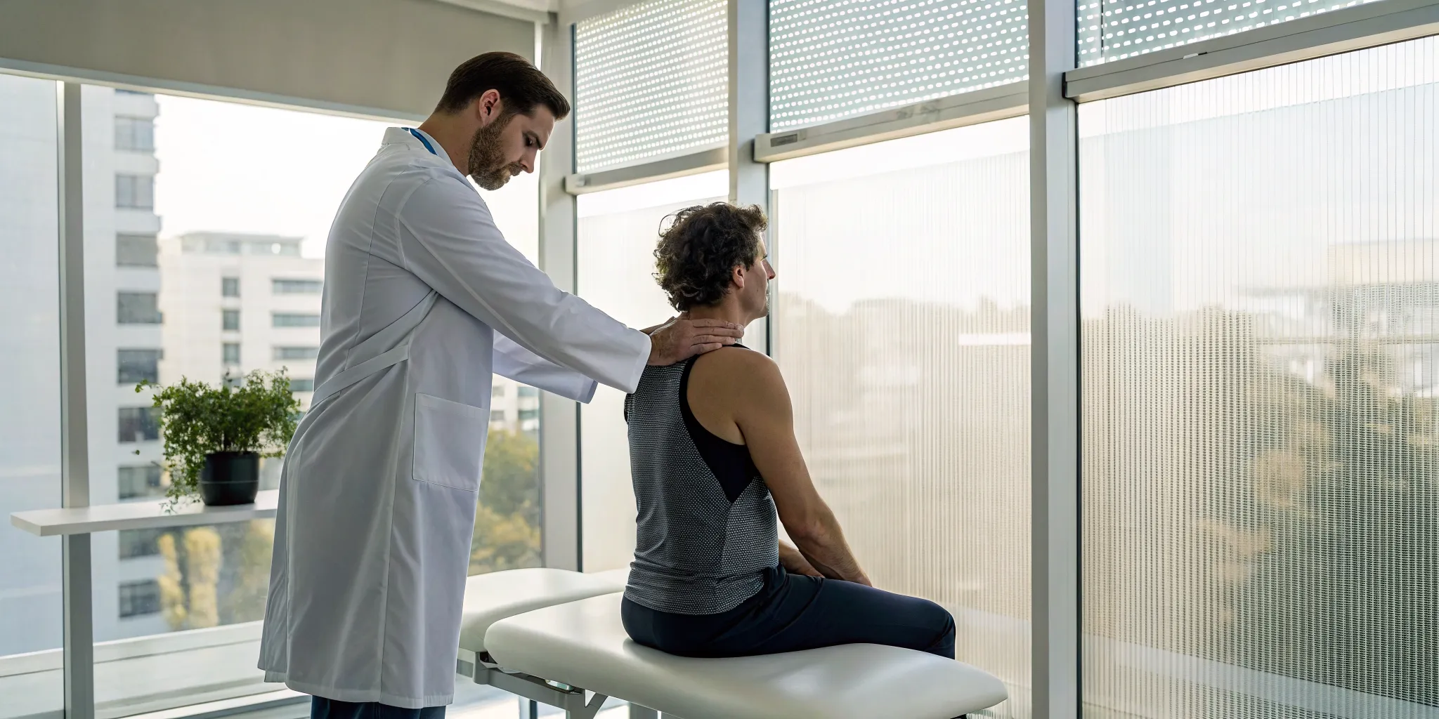 Chiropractor assessing a patient's neck for a syrinx before providing chiropractic care.