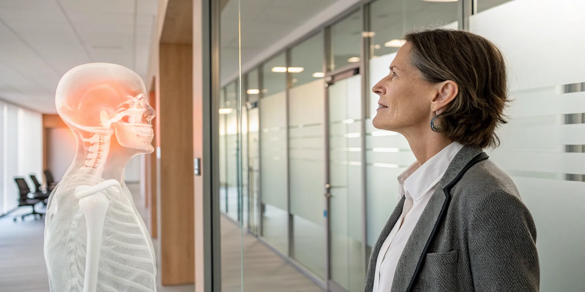 Woman examining the upper cervical spine on a skeleton, learning about chiropractic dangers.