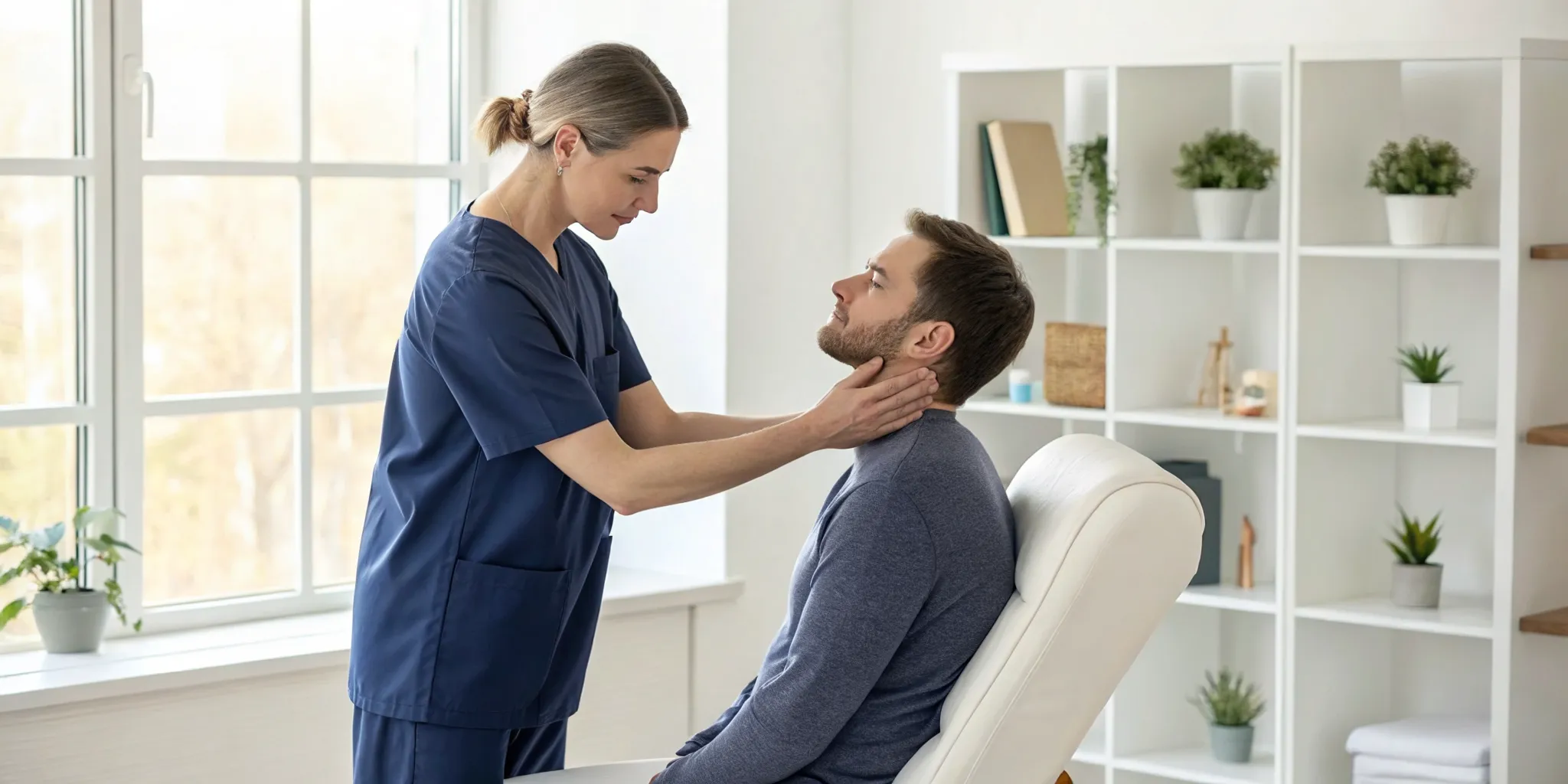Novi TMJ chiropractor examines a patient's jaw for pain relief.