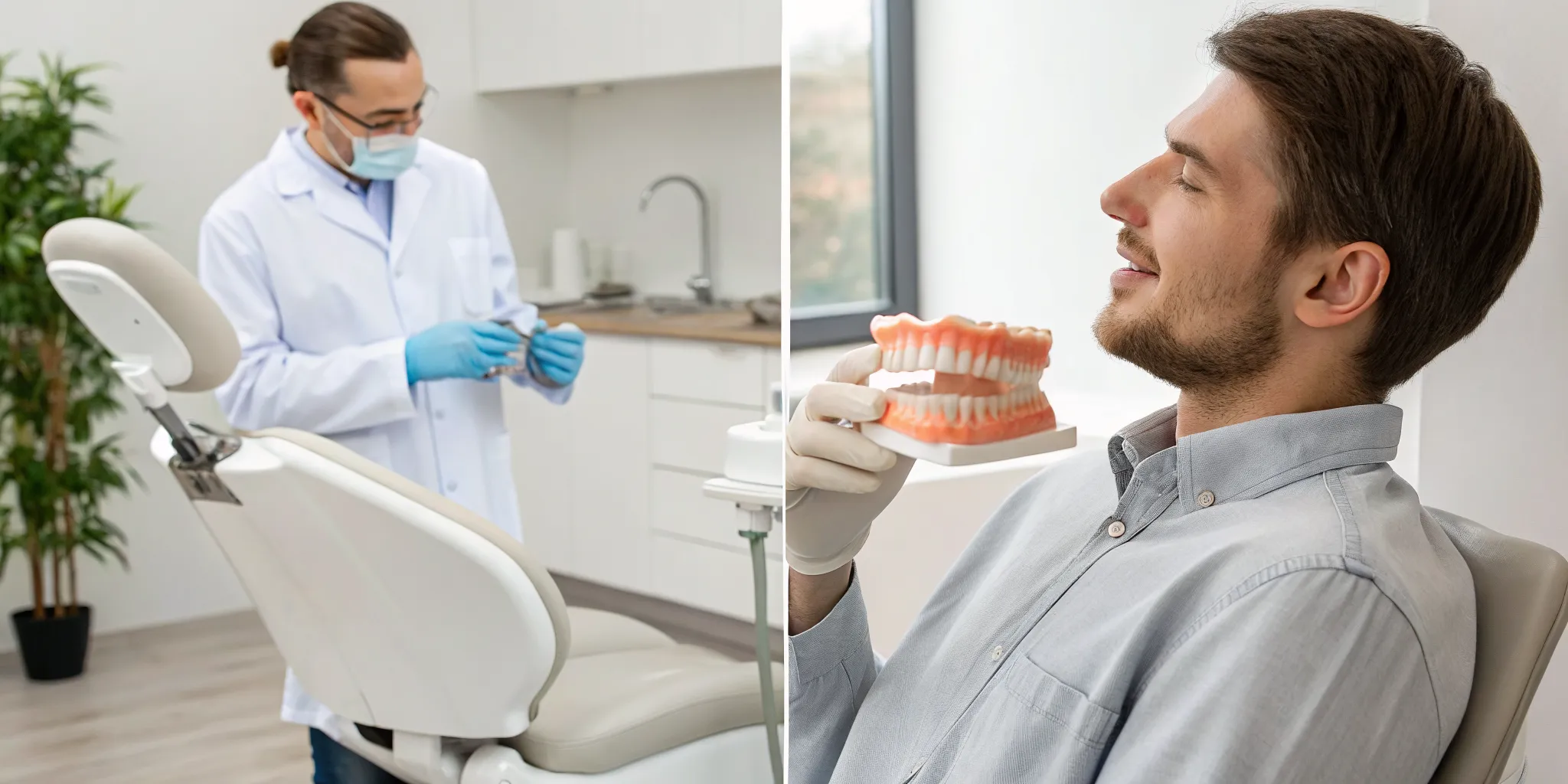 TMJ dentist explains jaw pain treatment options to a patient using a dental model.