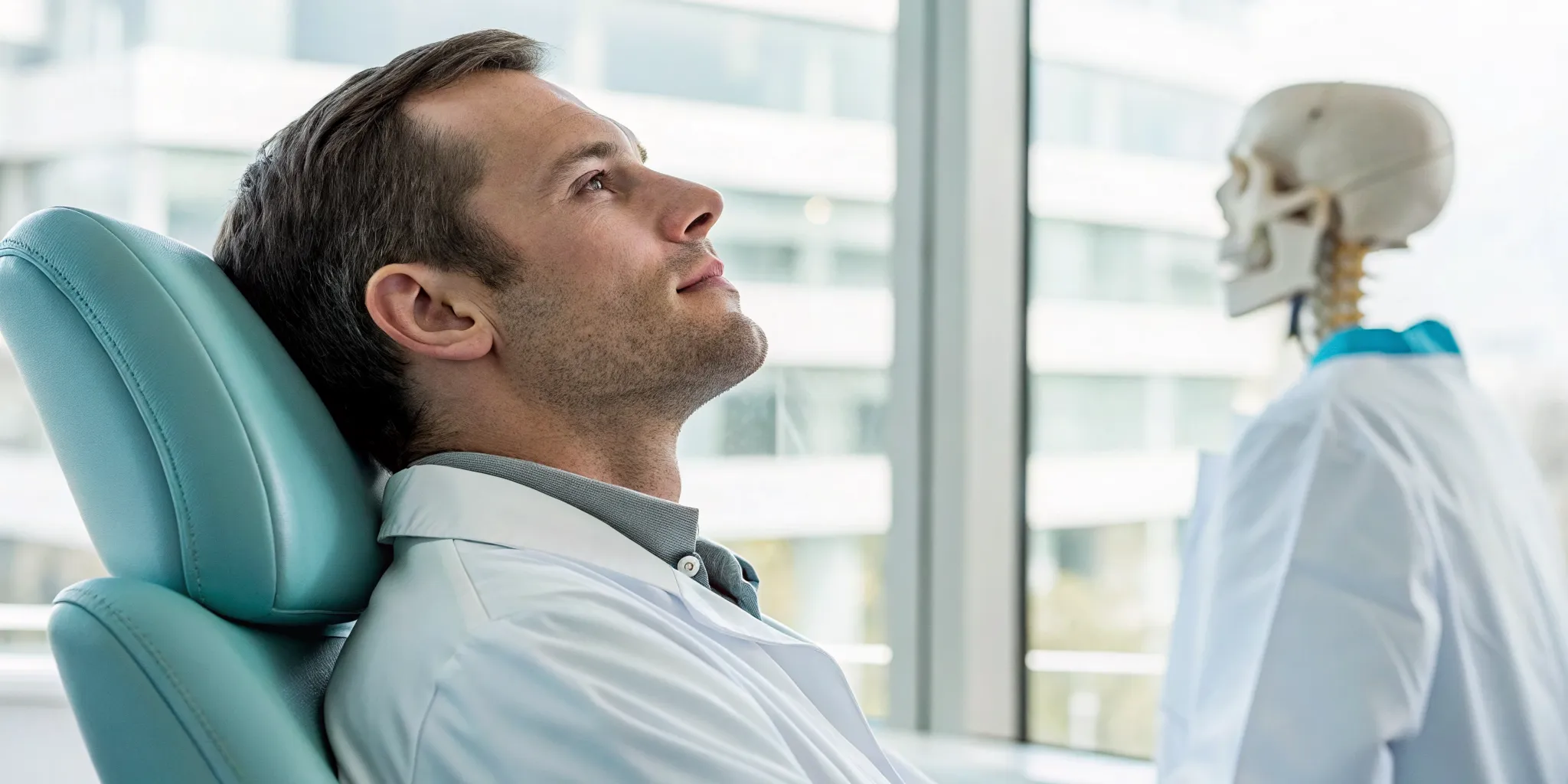 An upper cervical spine specialist reviews a model of the neck and spine.
