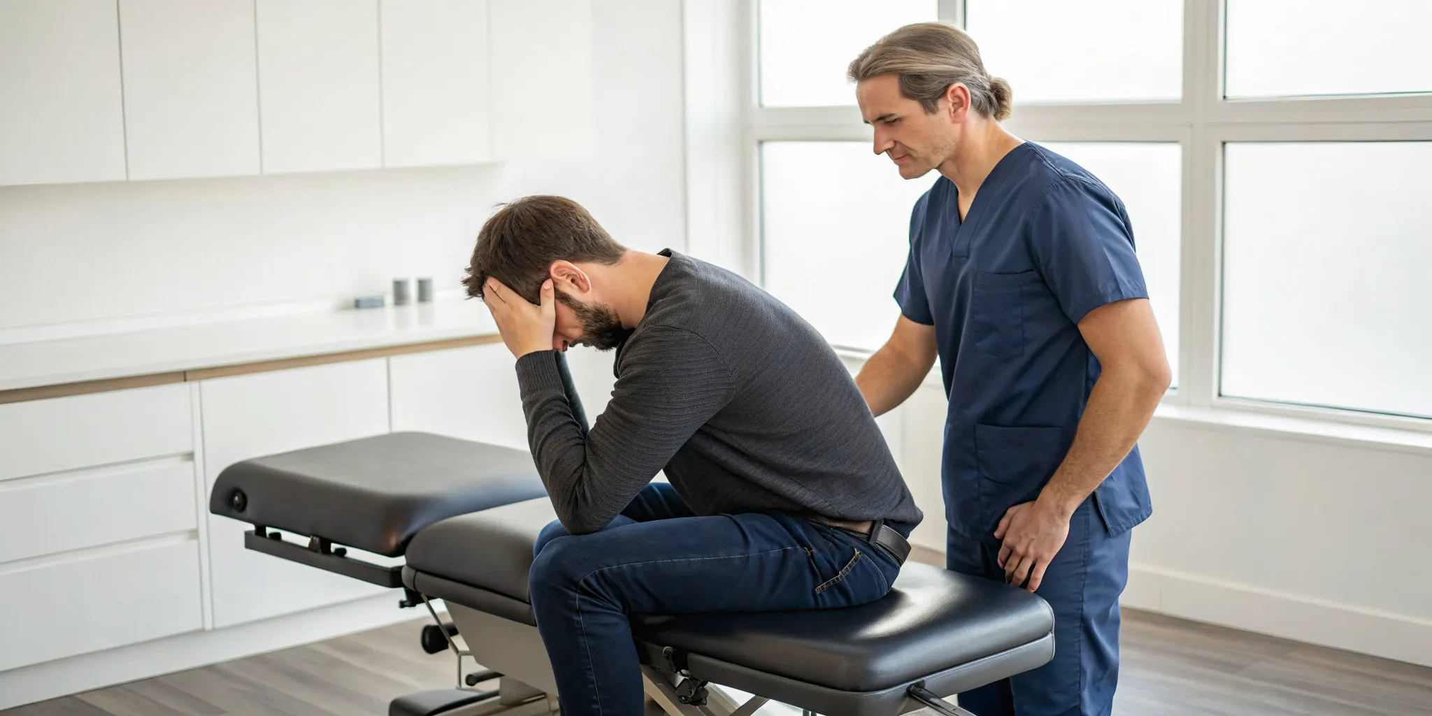 A man holds his head in his hands, feeling worse vertigo after a chiropractor adjustment.