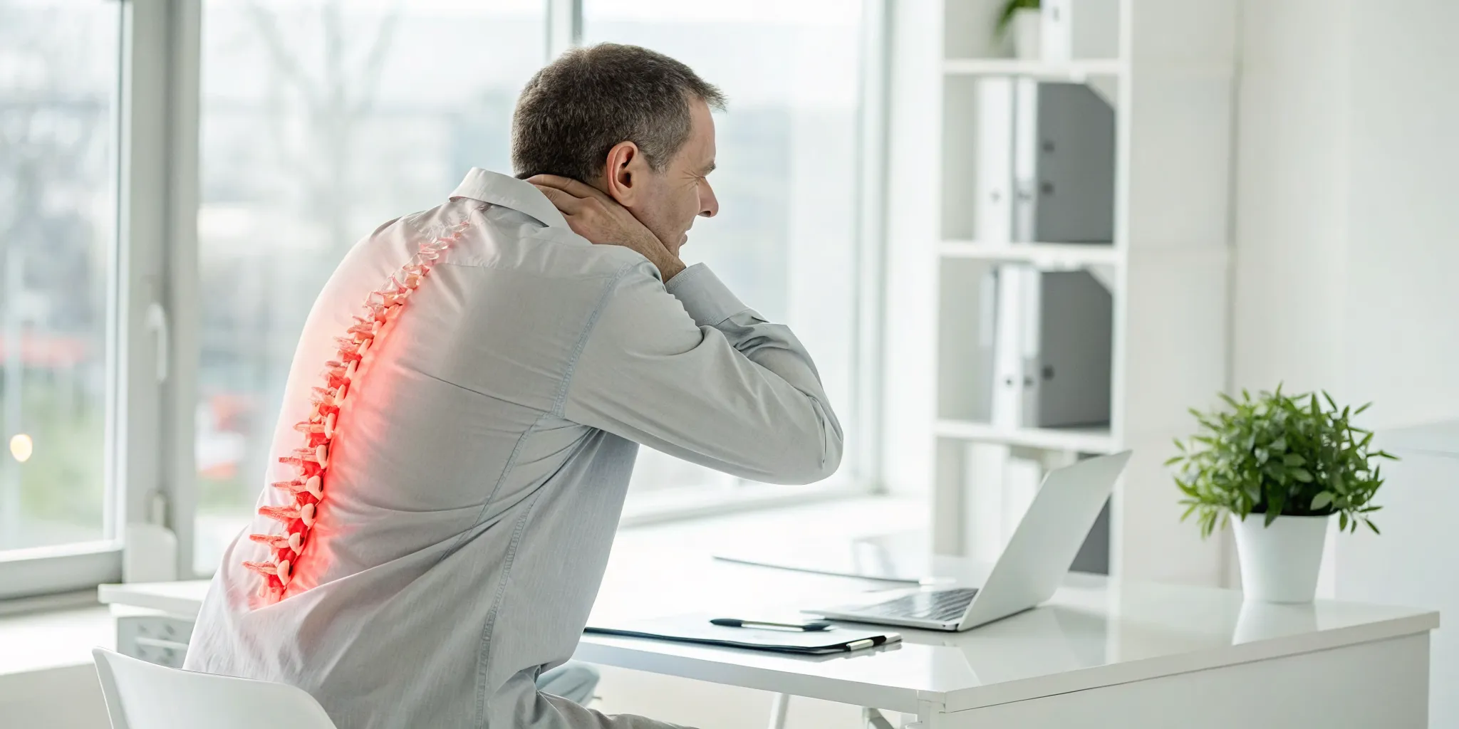 Man with neck and back pain, showing warning signs after a chiropractor adjustment.