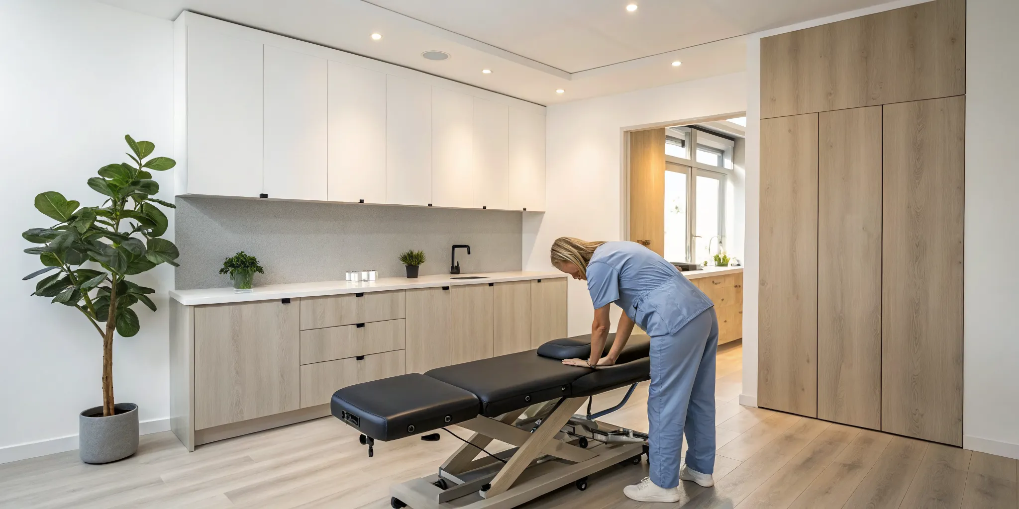 A chiropractor prepares a treatment table for a patient's neck relief.