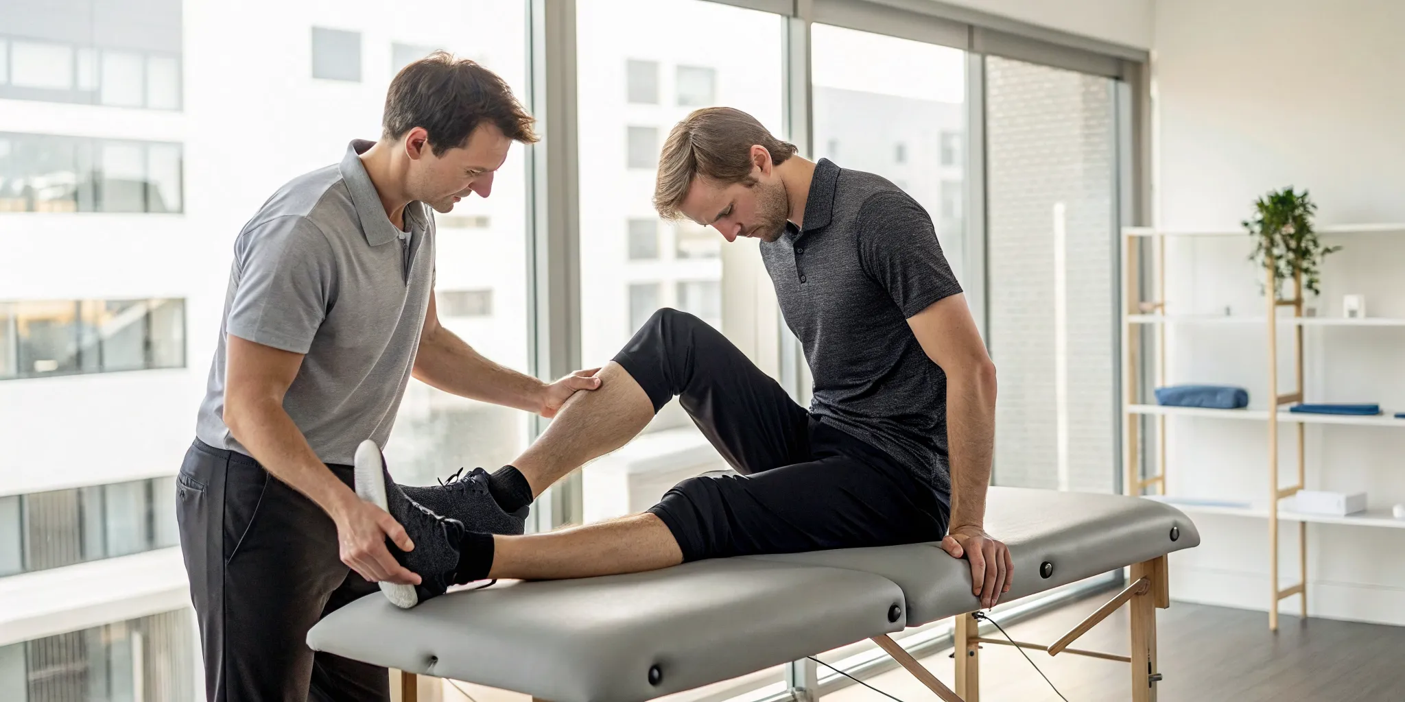 Sports chiropractor treating an athlete's leg for a sports injury.
