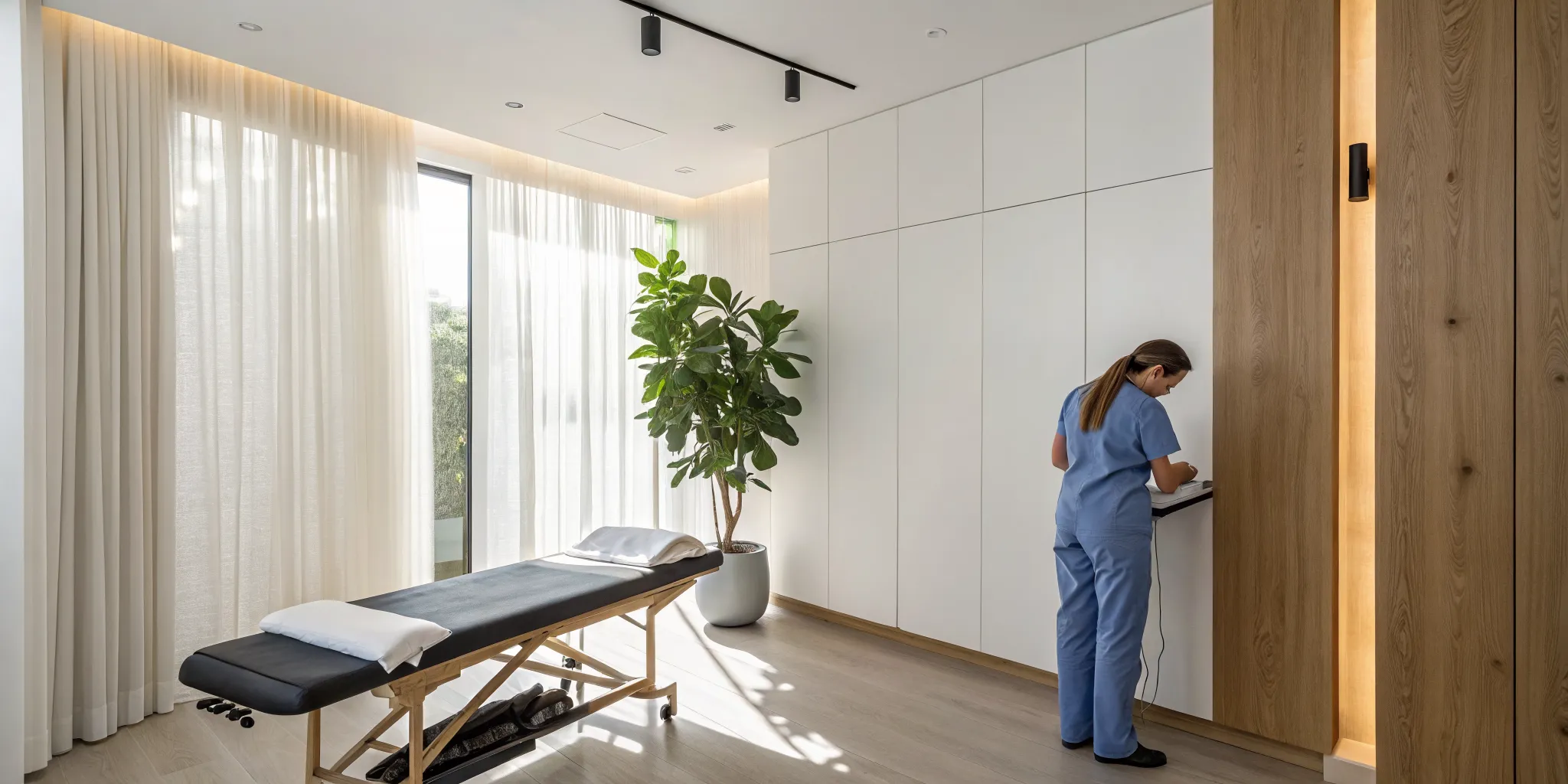 An upper cervical chiropractor in a modern treatment room with an adjustment table.