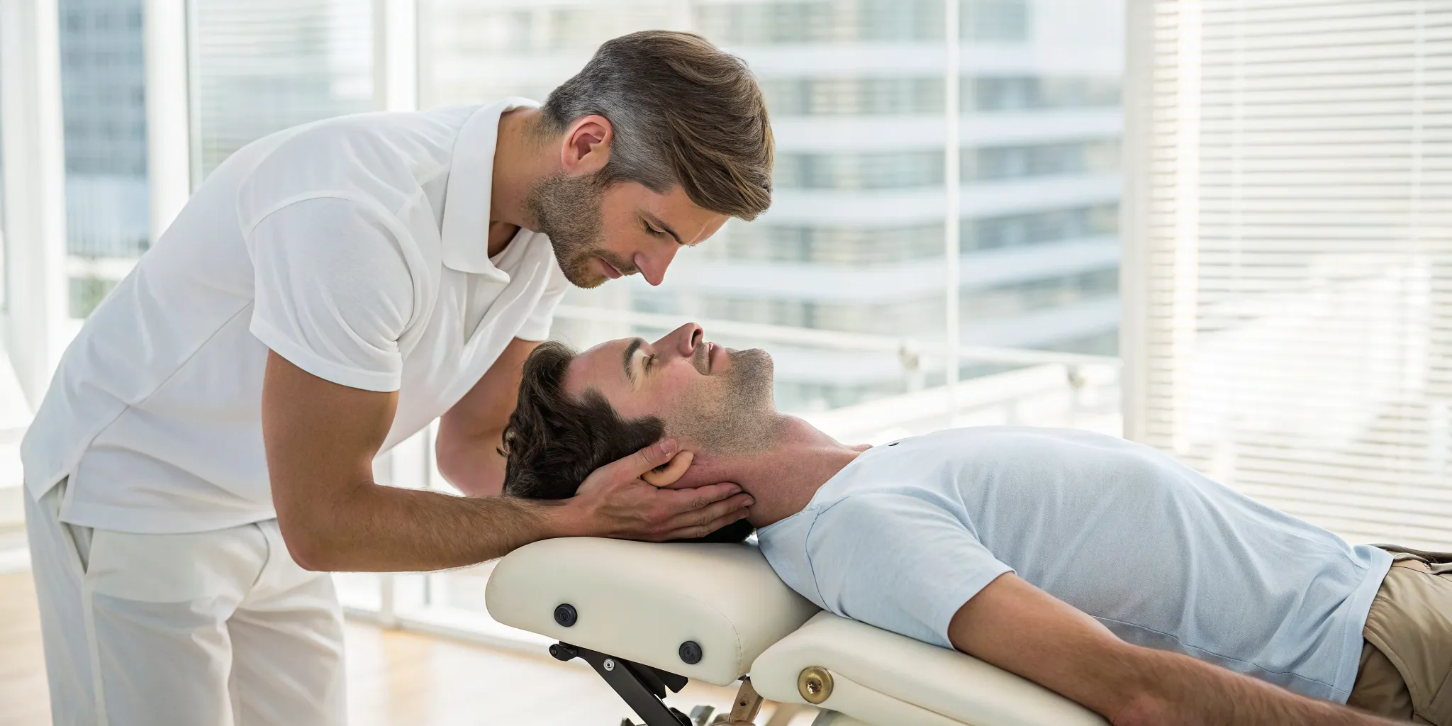 A chiropractor performs a gentle chiropractic adjustment on a patient's neck.