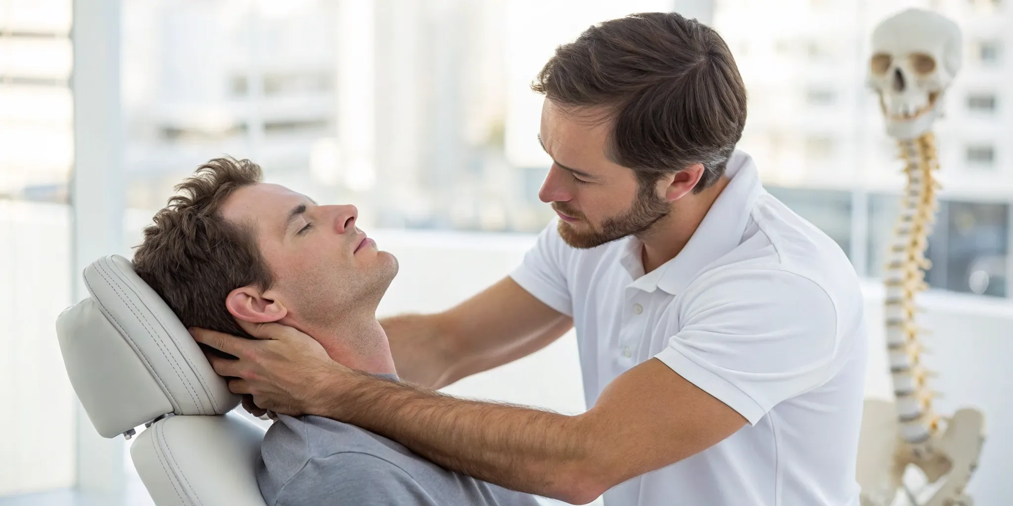 A chiropractor performs a gentle NUCCA adjustment on the upper cervical spine.