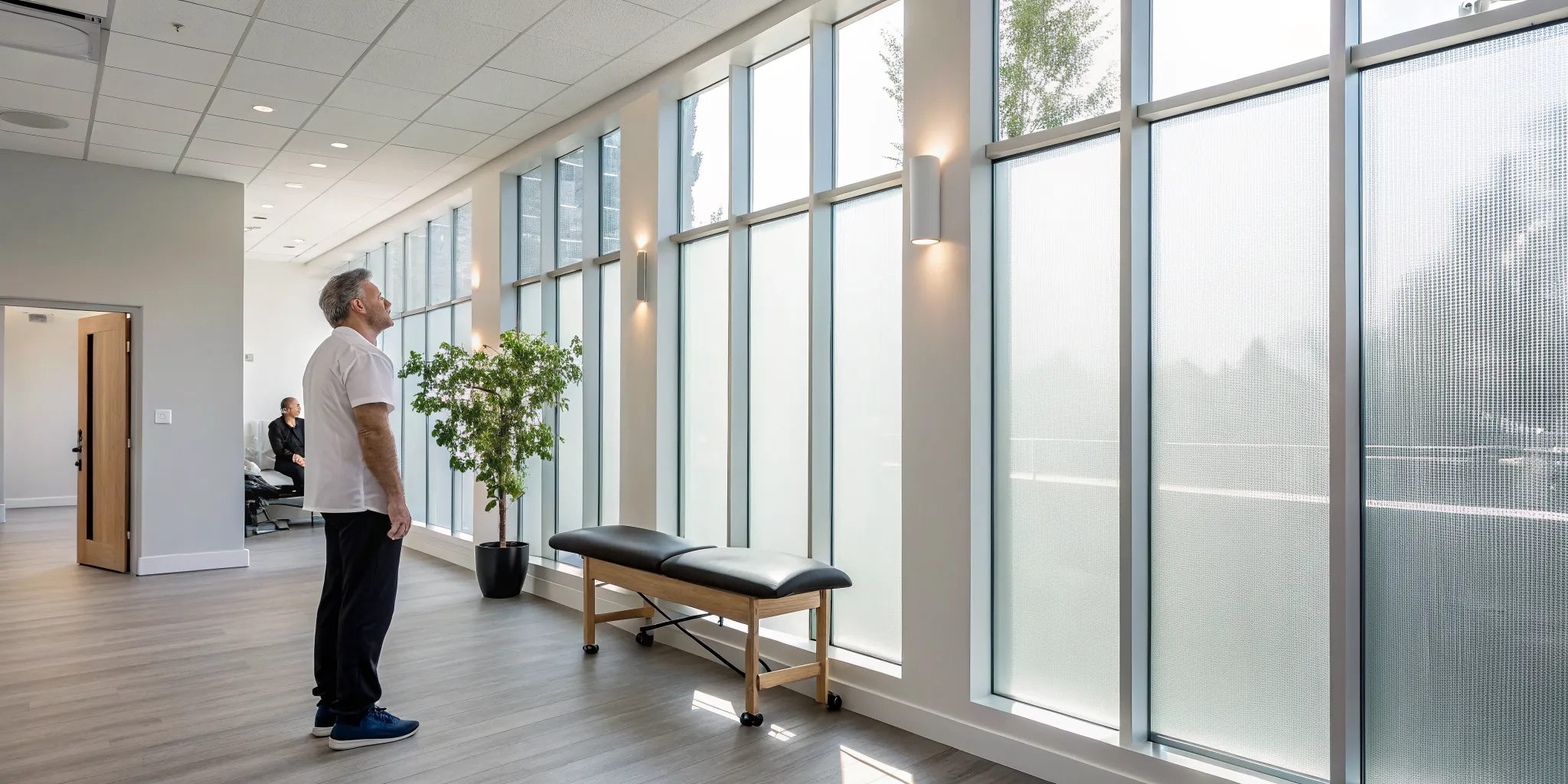 A chiropractor in a treatment room prepared for the QSM3 chiropractic technique.