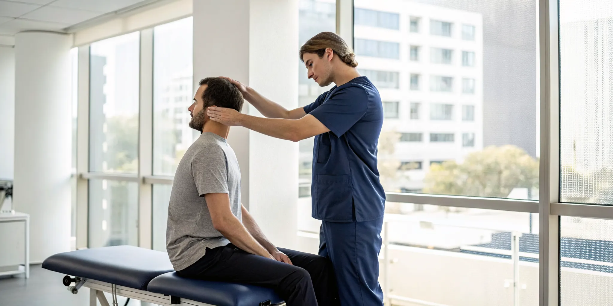 Chiropractor in Saline assessing a patient's neck for whiplash injury treatment.