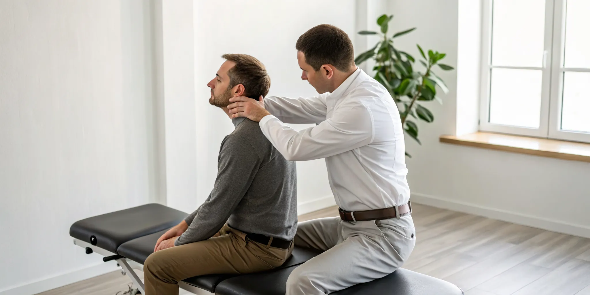 Chiropractor performs a neck adjustment on a patient for whiplash treatment.