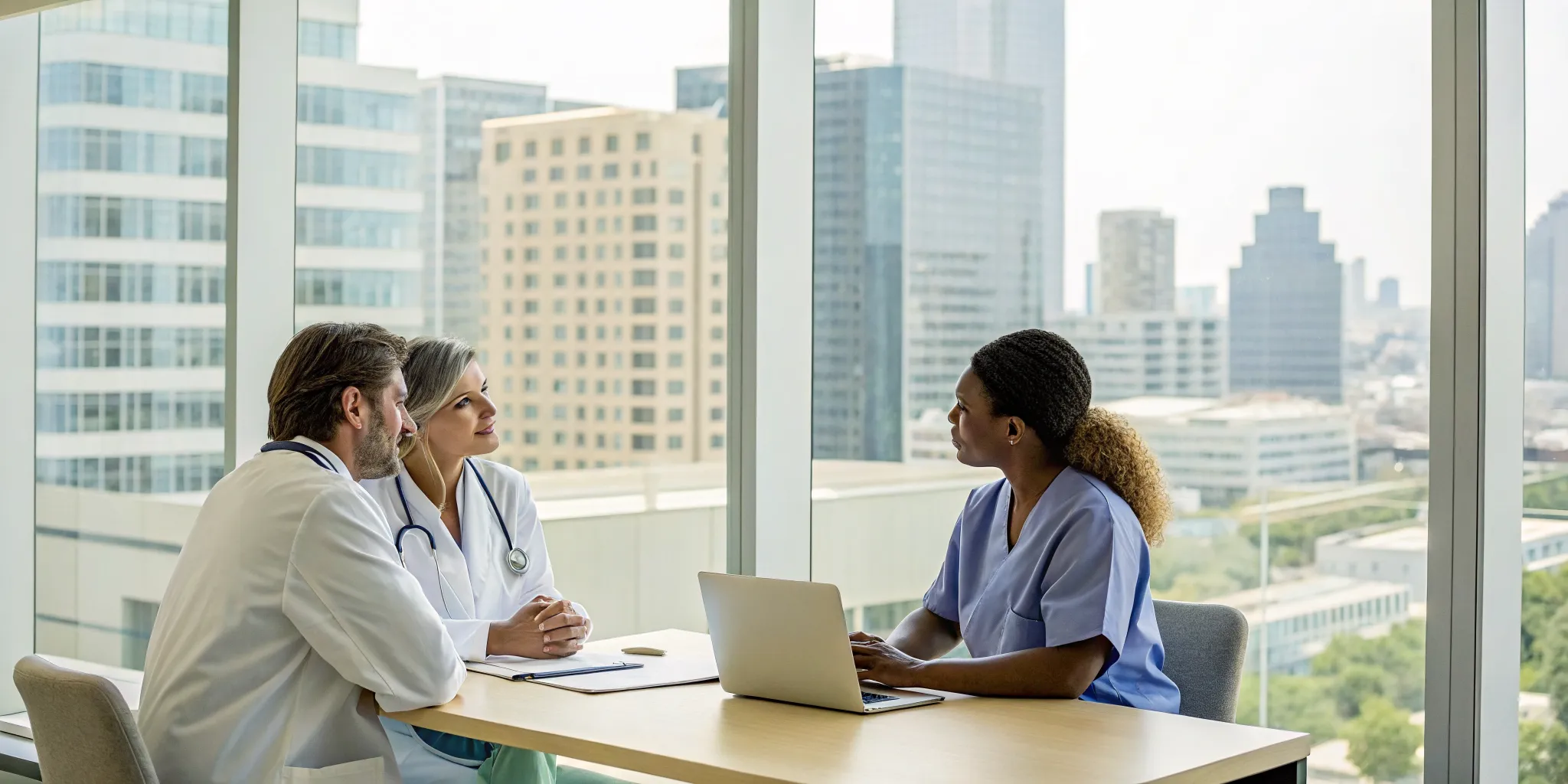 A group of doctors who can diagnose fibromyalgia discussing a patient's case.