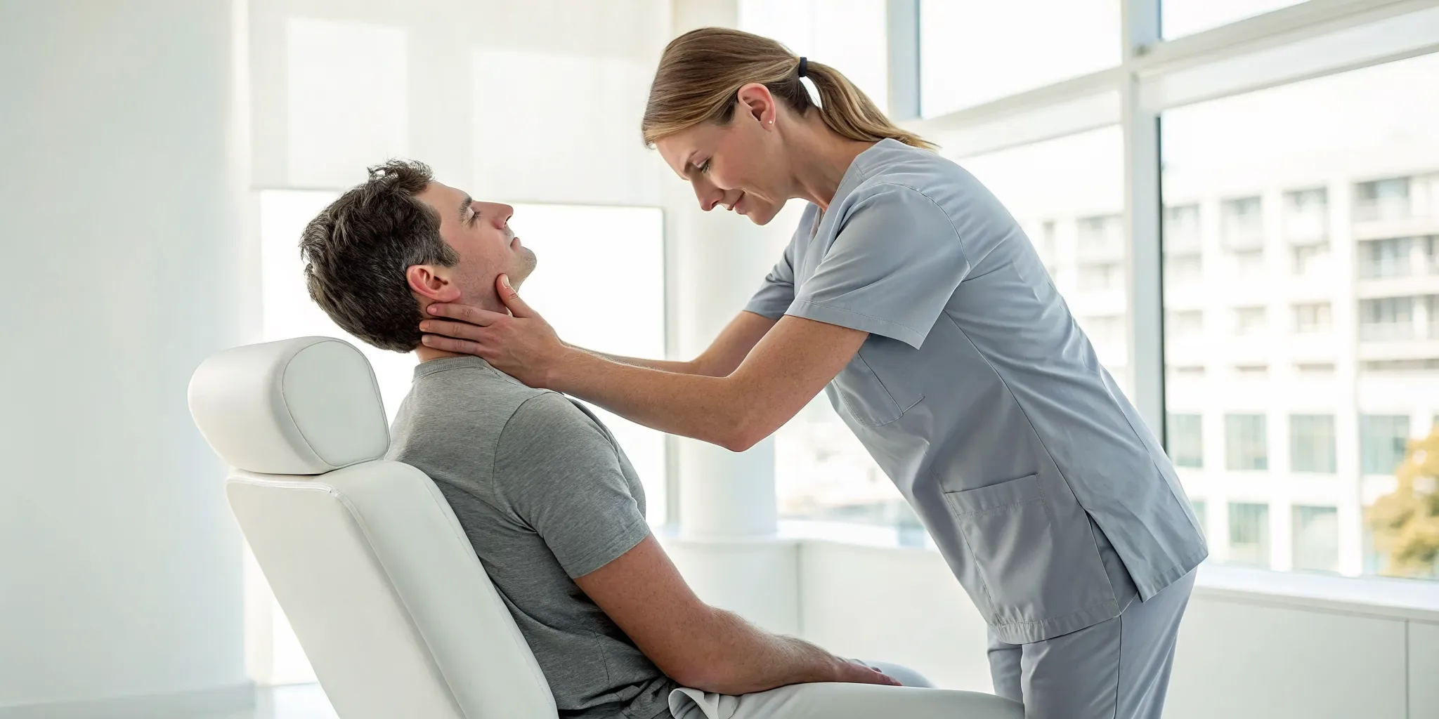 Upper cervical chiropractor performs a gentle neck adjustment for whiplash symptoms.