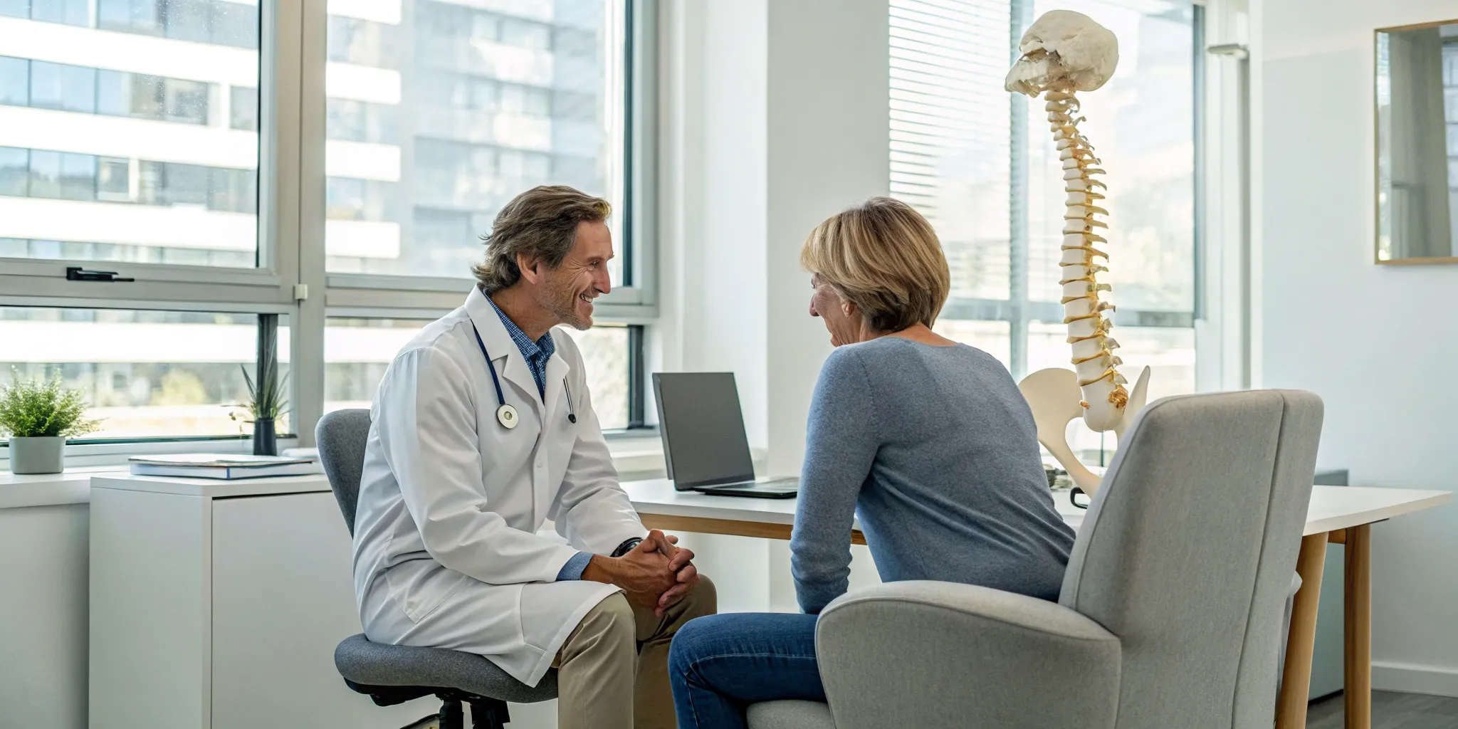 Doctor consults with a patient during their first Lazar Spinal Care appointment.