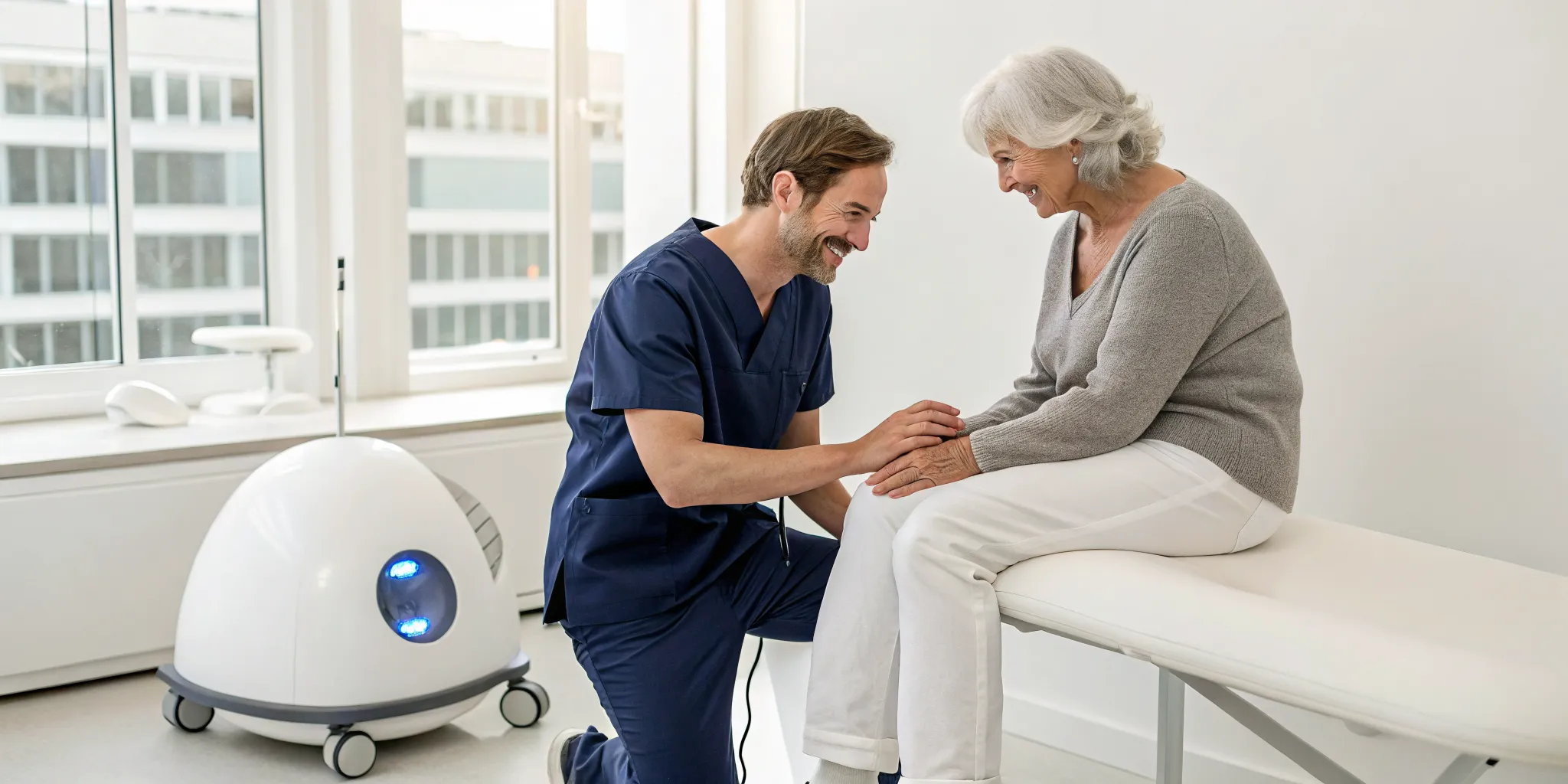 A doctor and patient during a consultation for SoftWave therapy for knee pain.