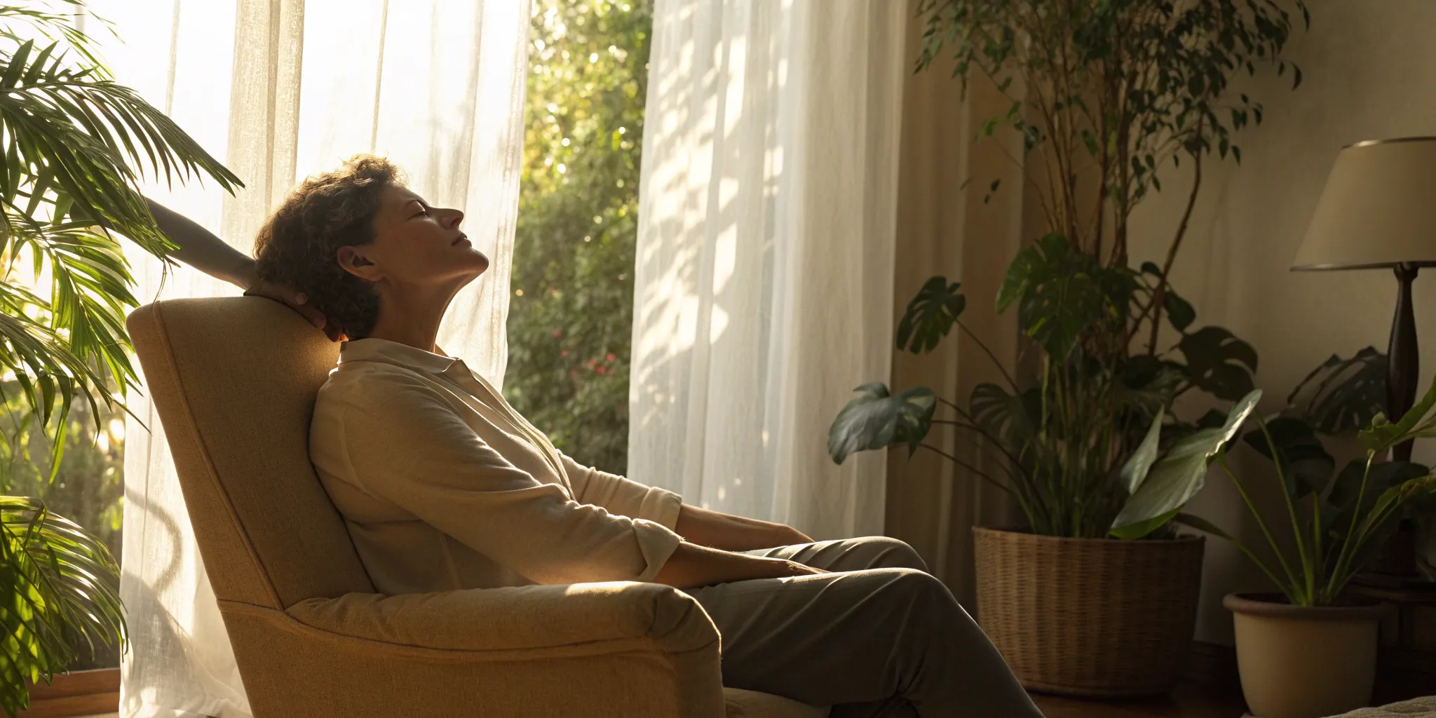 Woman experiencing chronic neck pain relief in Novi, relaxing comfortably in a sunlit room.