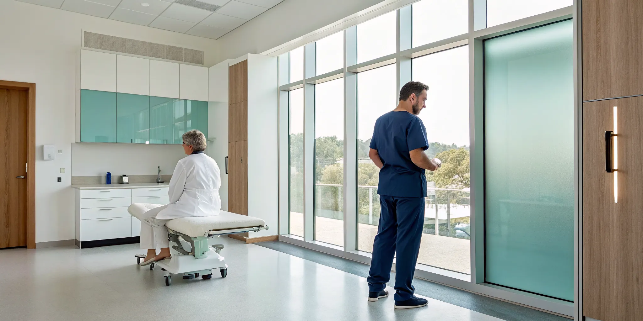 Doctor discussing a treatment plan for herniated disc and sciatica with a nurse.