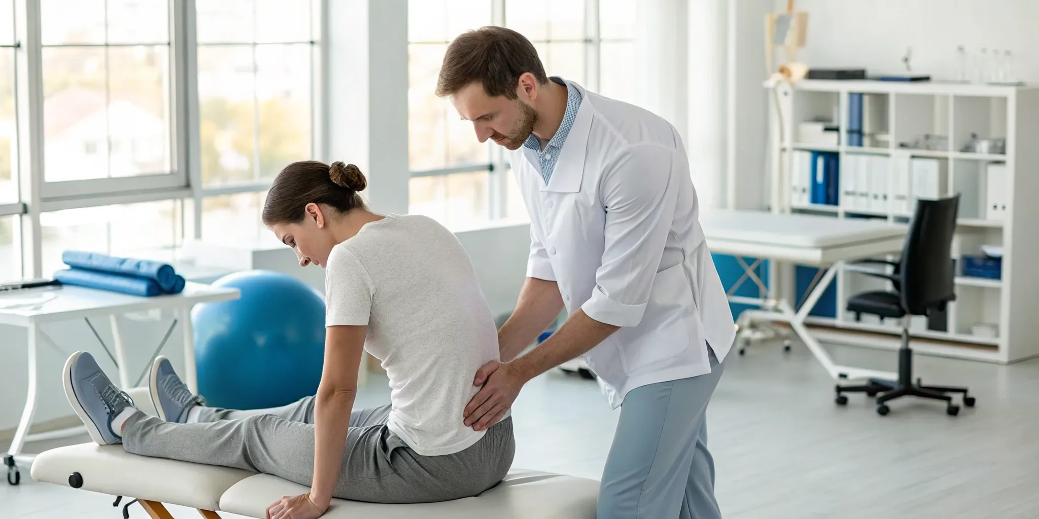 Physical therapist helping a patient with herniated disc treatment without surgery.
