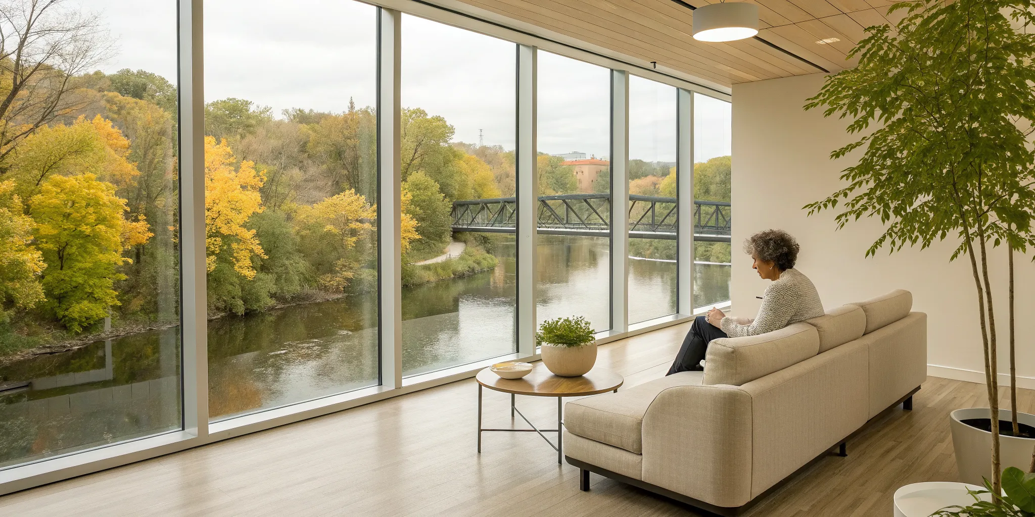 Woman relaxing on a sofa, finding natural fibromyalgia relief in Ann Arbor.