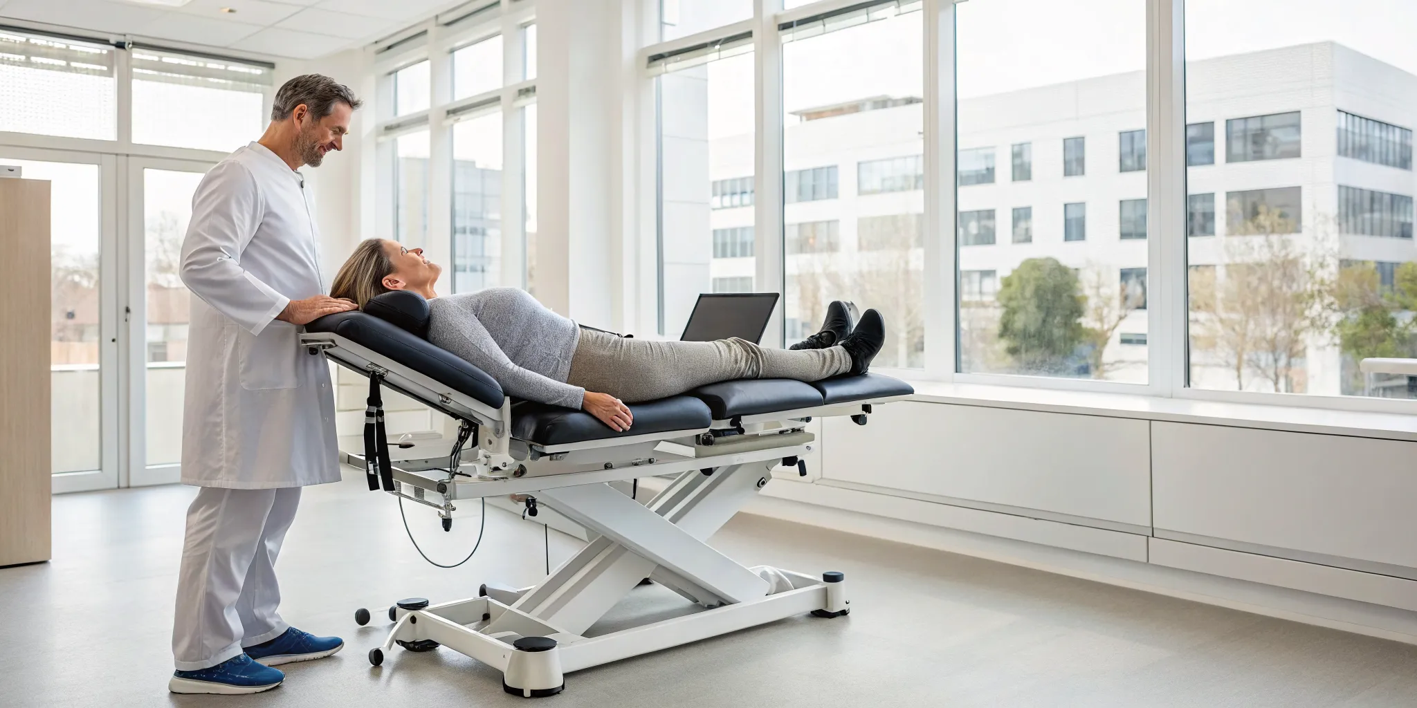 Patient undergoing non-surgical spinal decompression with a chiropractor in Canton.