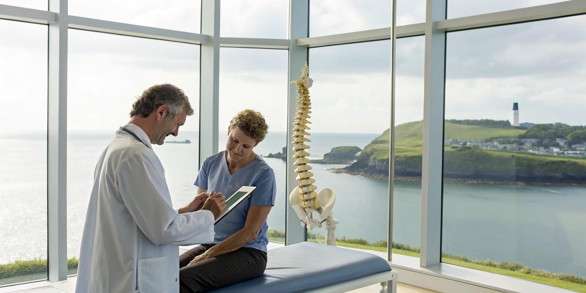 Plymouth specialist explains herniated disc treatment to a patient using a spine model.