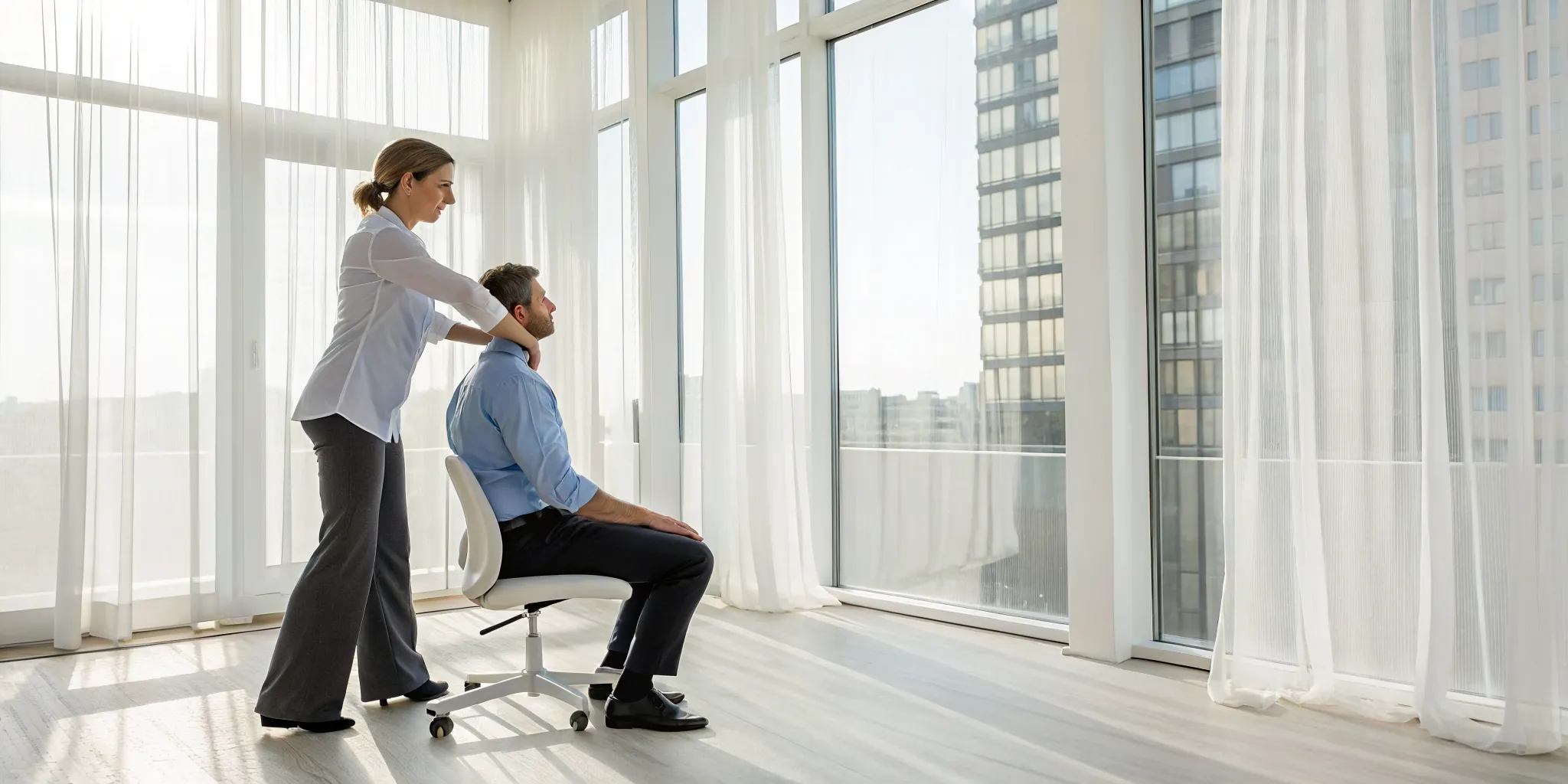 Office worker receiving neck massage for whiplash treatment without medication.