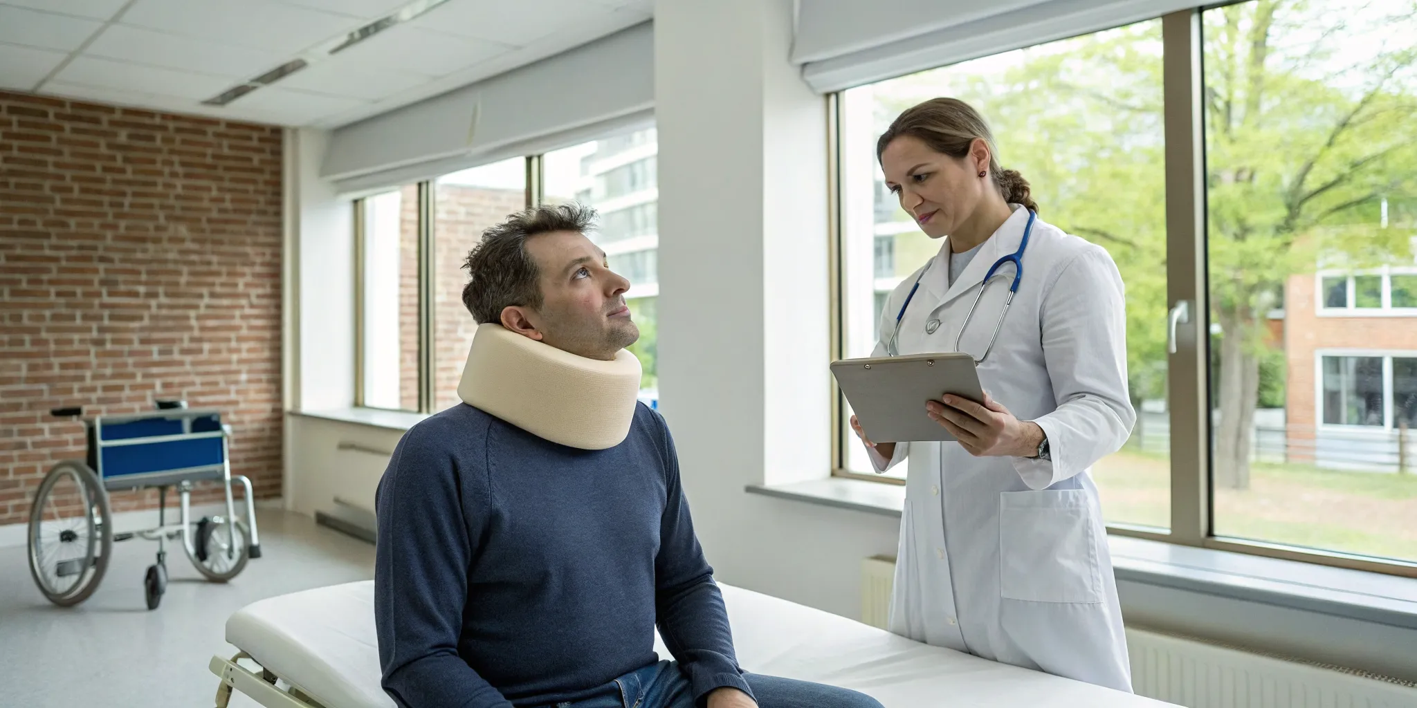Patient in a neck brace discusses whiplash treatment with a Ypsilanti specialist.