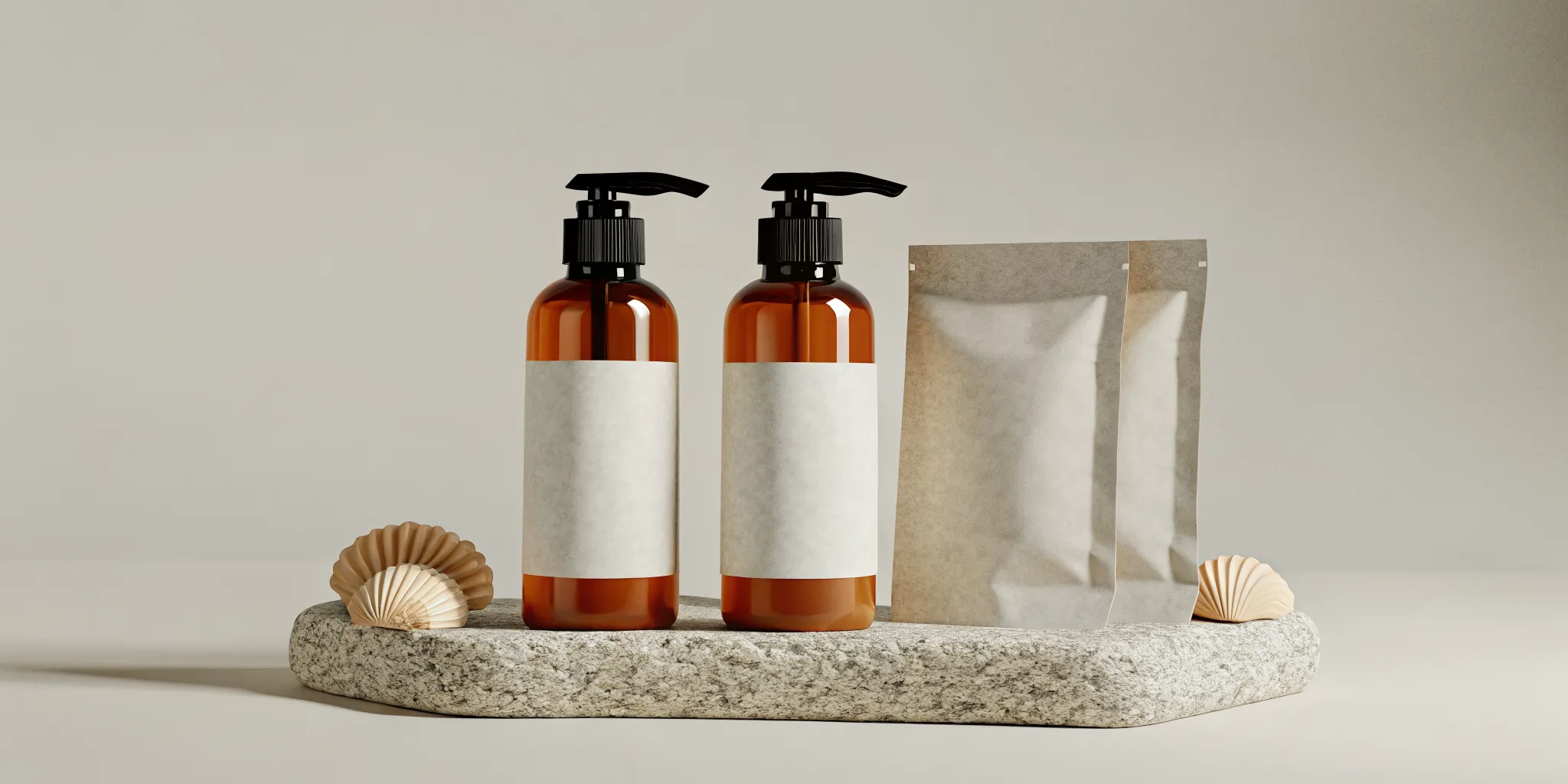 Refillable shower bottles organized on a quiet bathroom shelf